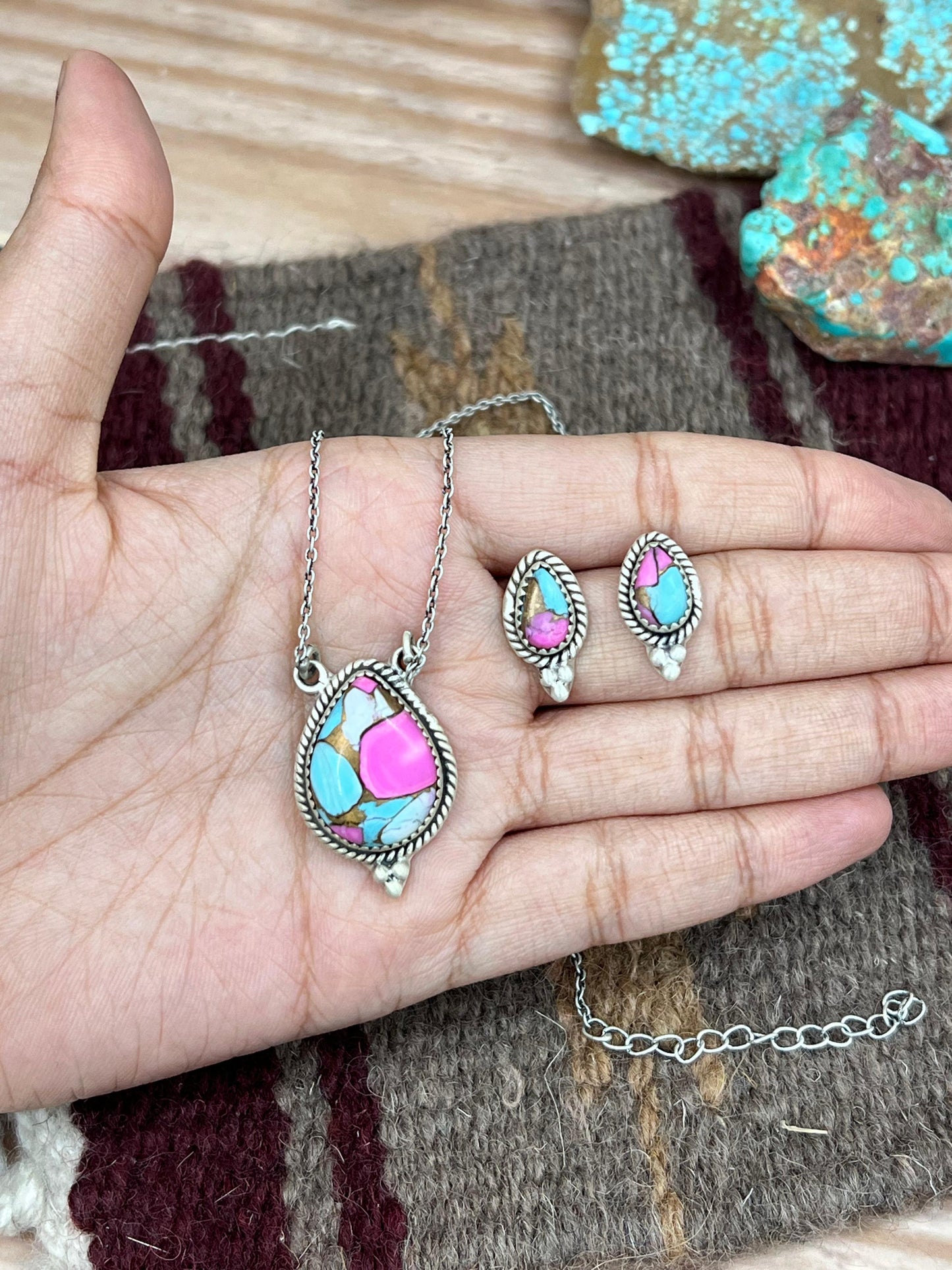 Handmade Sterling Silver Cotton Candy Turquoise Necklace Earrings Set, Signed Nizhoni