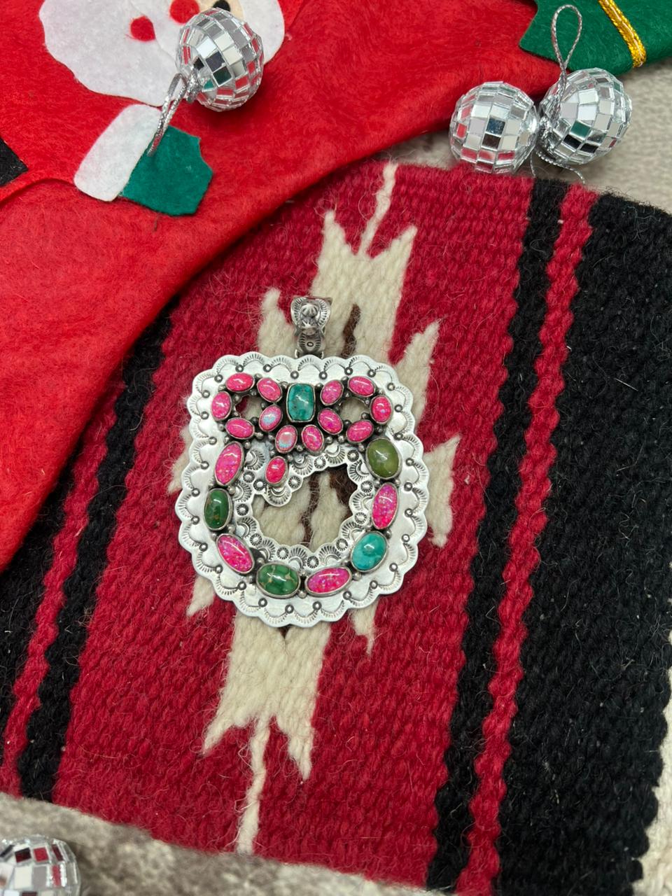 "Christmas Collection" Handmade Sterling Silver Hot Pink with Sonoran Mountain Turquoise Pendant "Signed Nizhoni"