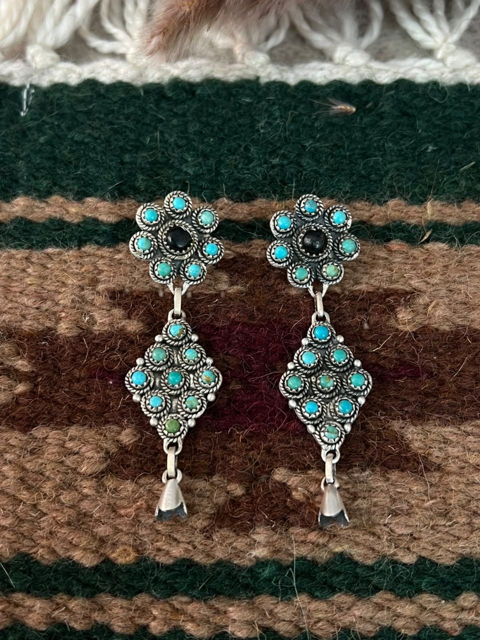 Handmade Sterling Silver Kingman Turquoise with White Buffalo Post Dangle Squash Blossom Earrings Signed Nizhoni