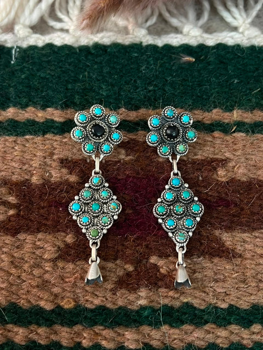 Handmade Sterling Silver Kingman Turquoise with White Buffalo Post Dangle Squash Blossom Earrings Signed Nizhoni