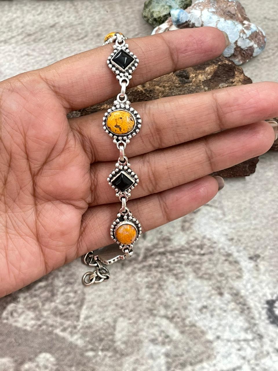 Halloween Collection" Handmade Sterling Silver Black Onyx, Bumblebee Chain Bracelet with Signed Nizhoni