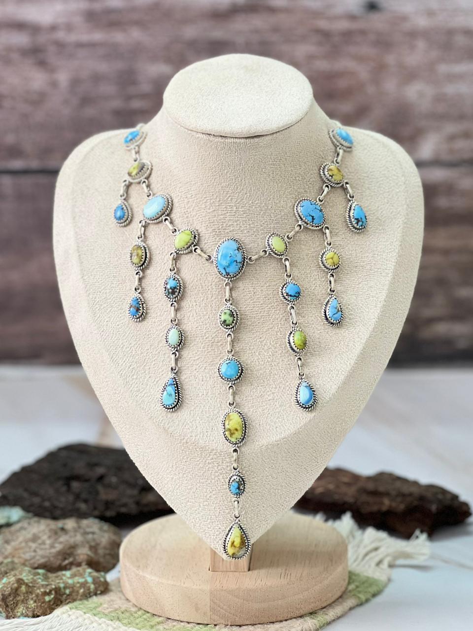 Handmade Sterling Silver Palomino with Golden Hills Turquoise Necklace "Signed Nizhoni"