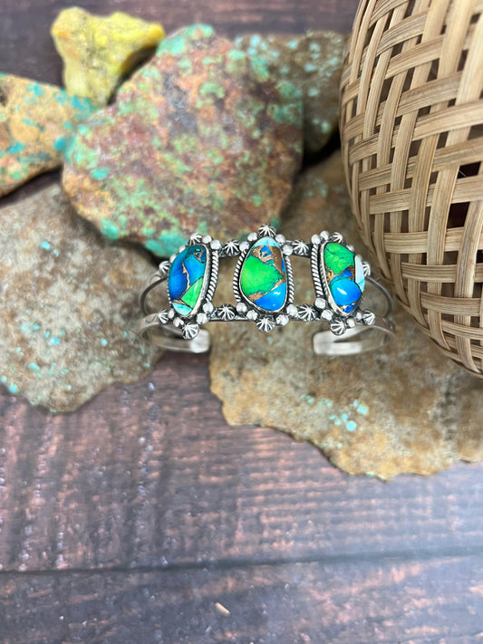 Handmade Sterling Silver Peacock Dahlia Cuff Bracelet with Signed Nizhoni