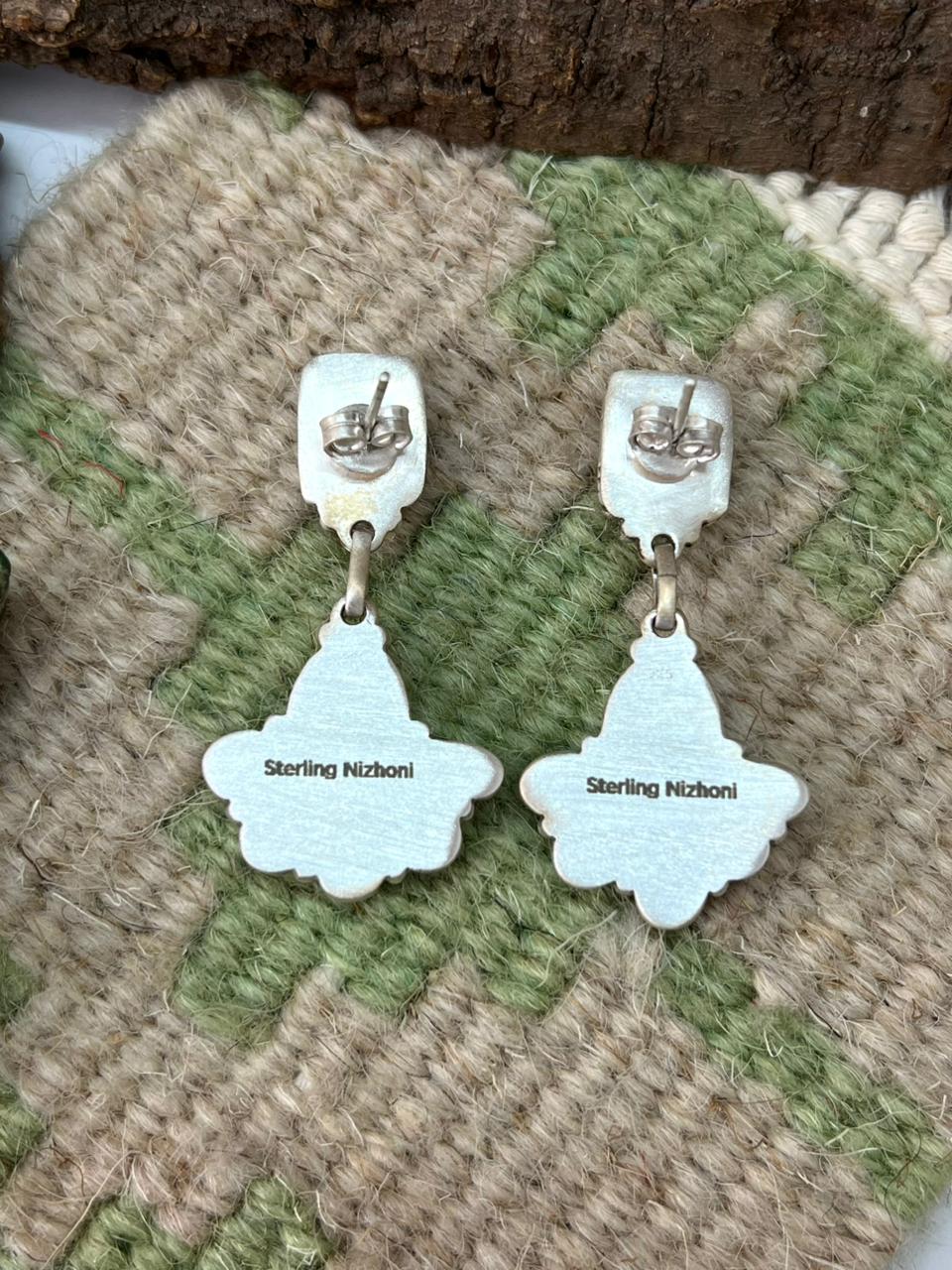 Handmade Sterling Silver Palomino with Golden Hills Turquoise Post Dangle Earrings "Signed Nizhoni"