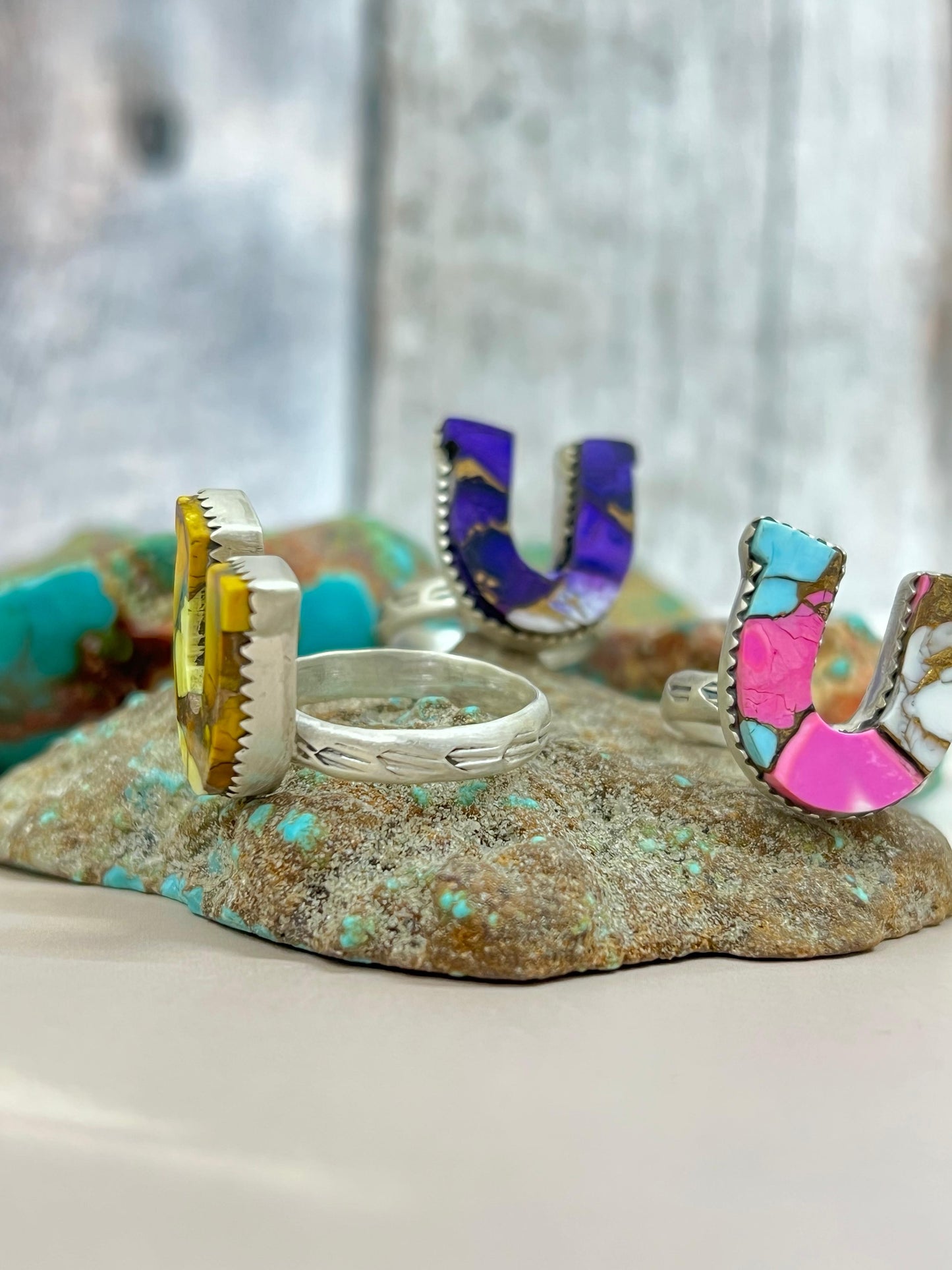 Handmade Horseshoe Sterling Silver Multistone Turquoise Adjustable Ring Signed Nizhoni