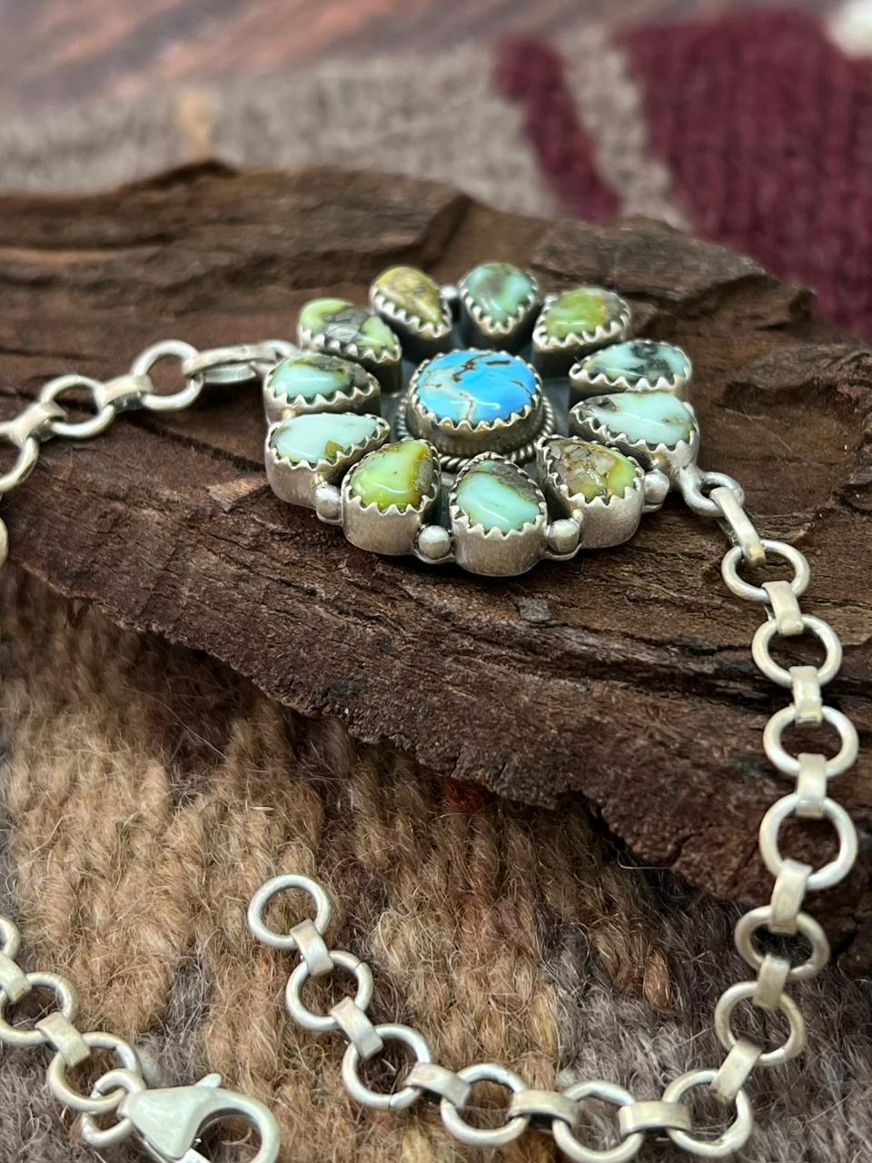 Handmade Sterling Silver Palomino with Golden Hills Turquoise Chain Bracelet "Signed Nizhoni"