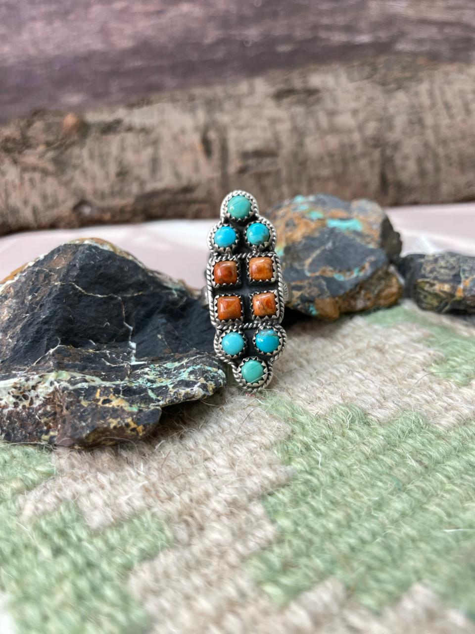 Handmade Sterling Silver Kingman With Orange Mohave Adjustable Ring "Signed Nizhoni" (2)