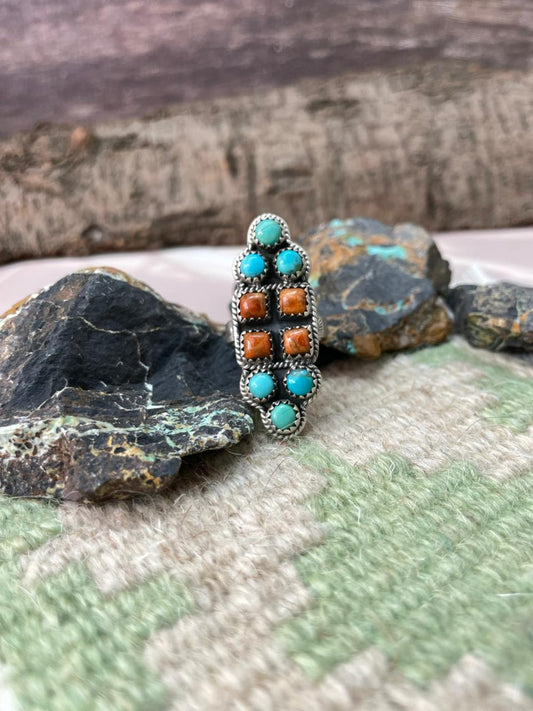 Handmade Sterling Silver Kingman With Orange Mohave Adjustable Ring "Signed Nizhoni" (2)