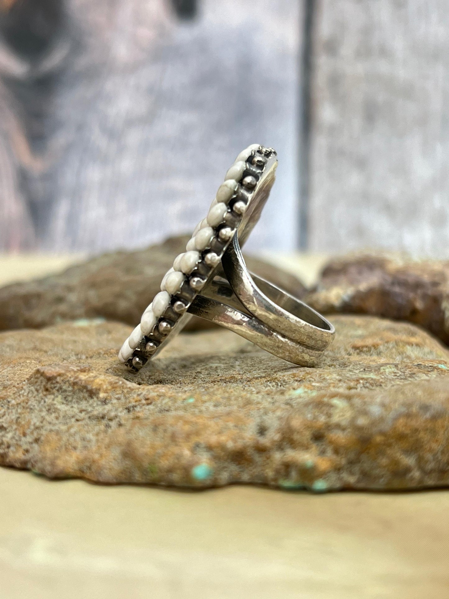 Handmade Sterling Silver White Buffalo Turquoise Adjustable Ring with Signed Nizhoni (1)