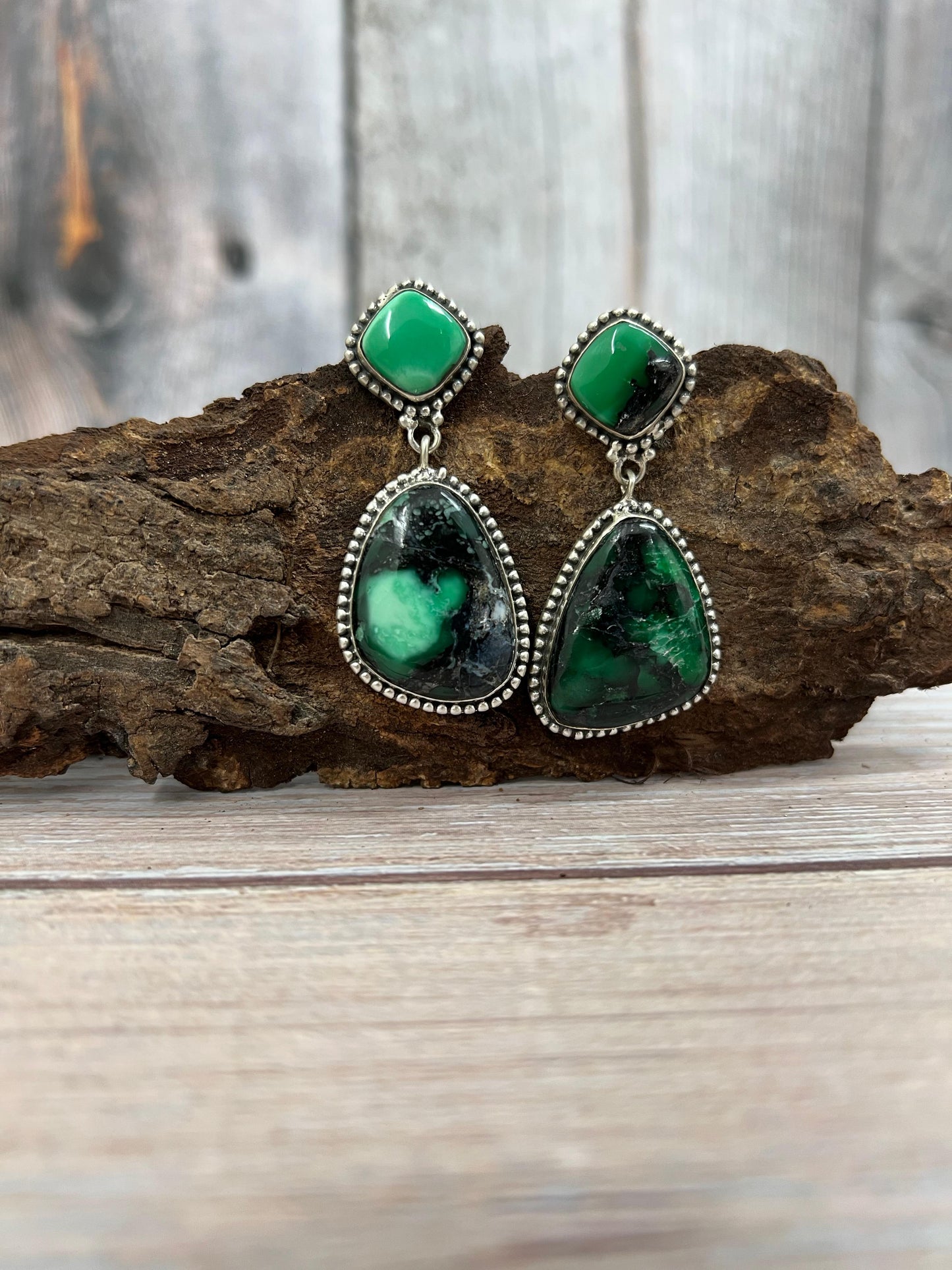 Handmade Sterling Silver Emerald Rose Post Dangle Earrings with Signed Nizhoni
