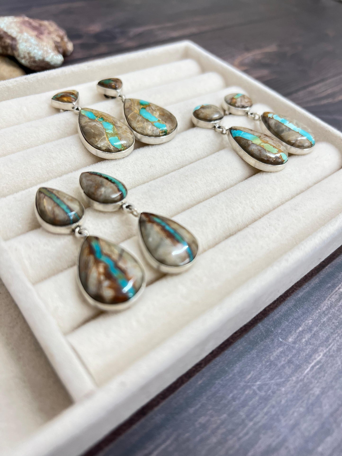 Handmade Sterling Silver Ribbon Royston Dangle Earrings with Signed Nizhoni
