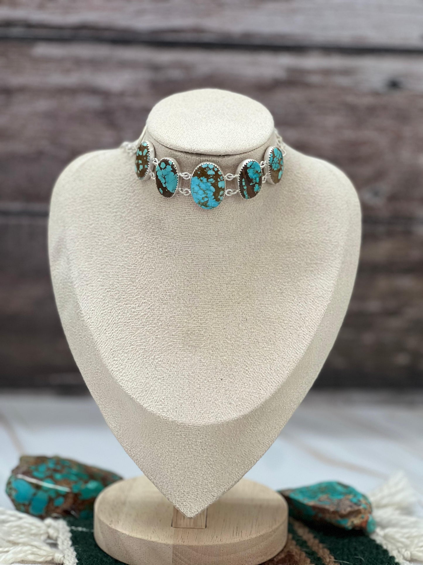 Handmade Sterling Silver Number 8 Turquoise Choker Necklace with Signed Nizhoni