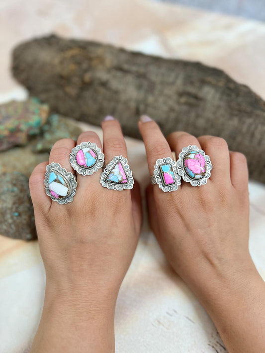 Handmade Sterling Silver Cotton Candy Turquoise Adjustable Ring with Signed Nizhoni