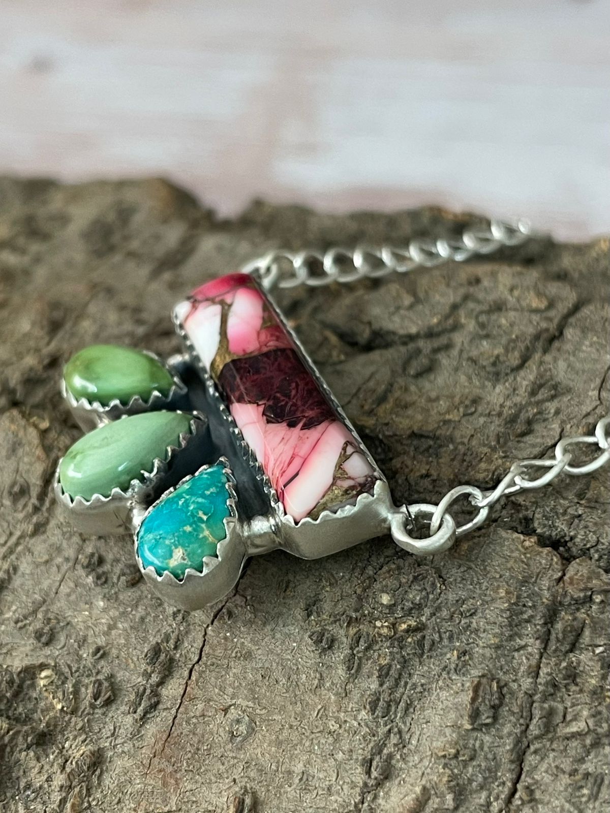 Handmade Sterling Silver Dahlia Rose with Emerald Valley Turquoise Necklace "Signed Nizhoni"