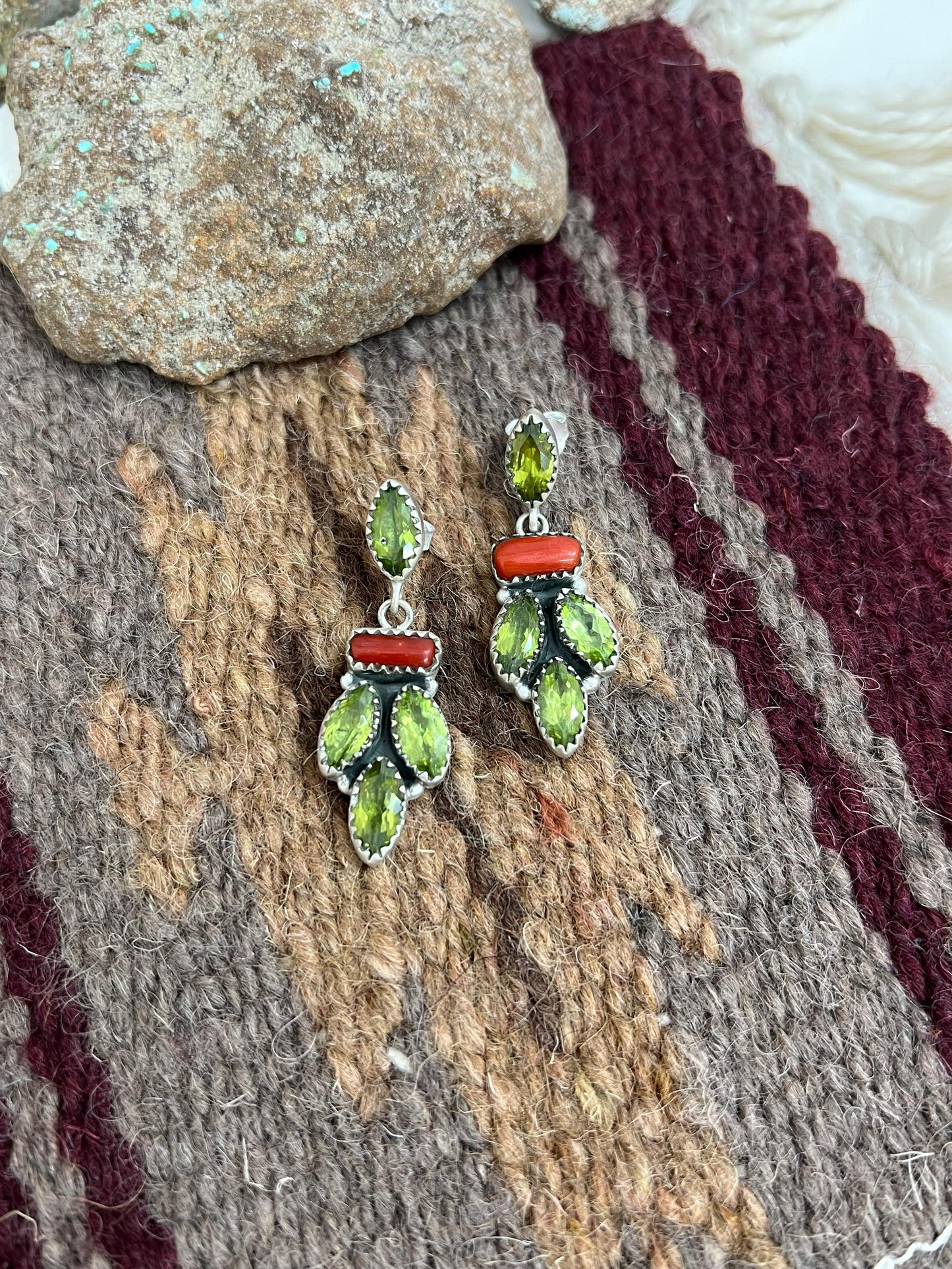 Christmas Collection Handmade Sterling Silver Coral with Peridot Post Dangle, Signed Nizhoni