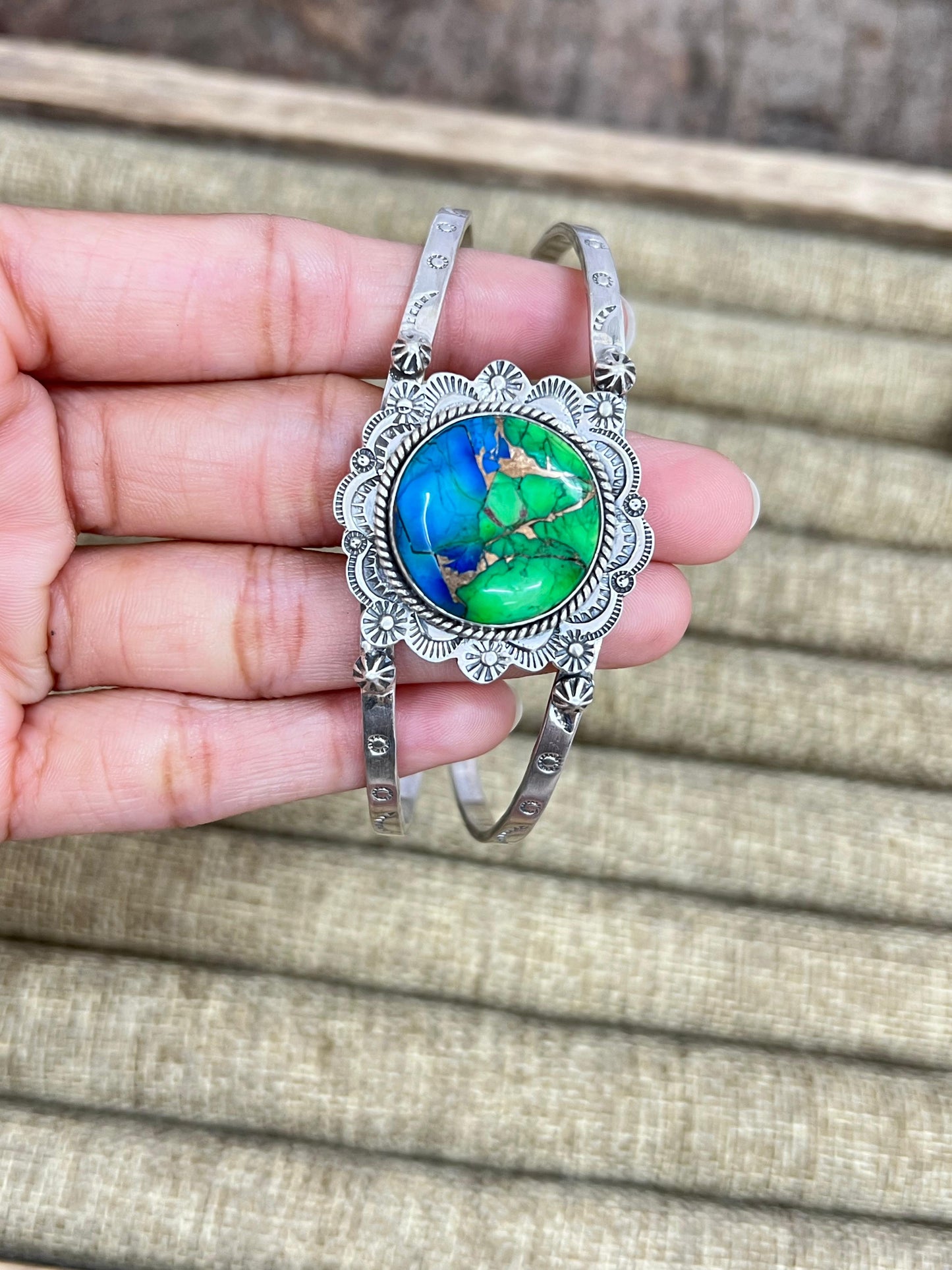 Handmade Sterling Silver Peacock Dahlia Cuff Bracelet with Signed Nizhoni