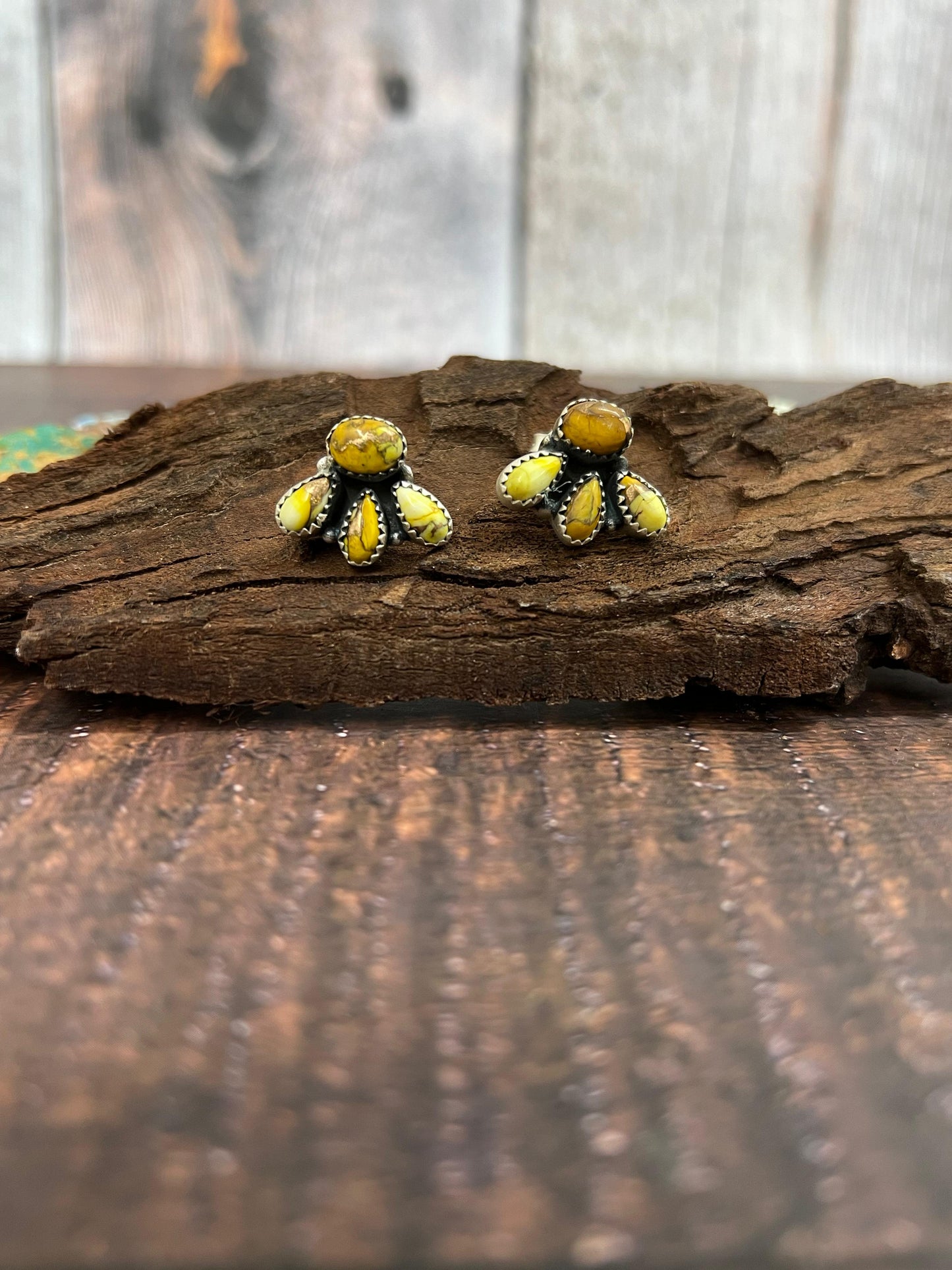Handmade Sterling Silver Honey Dahlia Post Studs with Signed Nizhoni