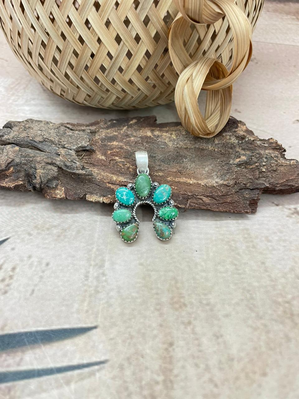 Handmade Sterling Silver Emerald Valley Naja Pendant with Signed Nizhoni