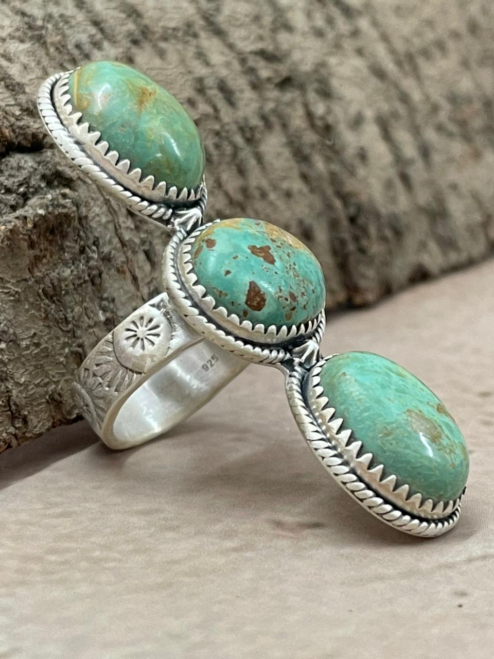 Handmade Sterling Silver Old Stock Royston Turquoise Adjustable Ring With Signed Nizhoni