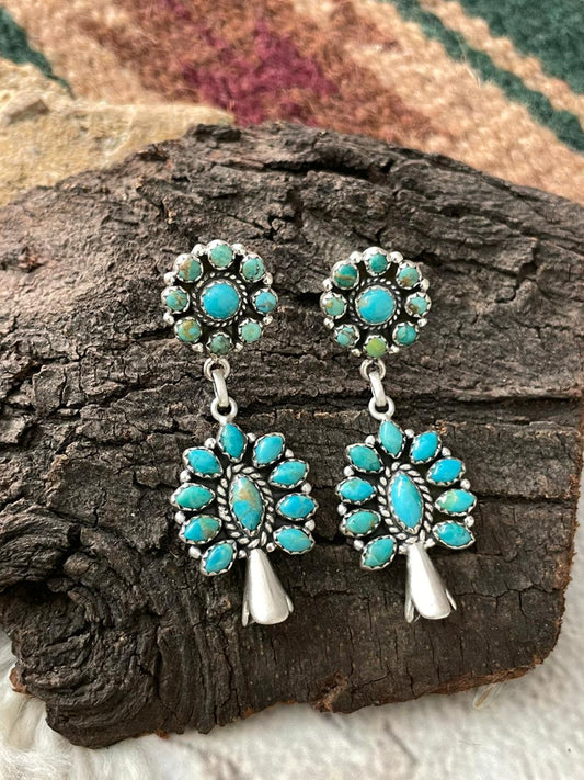 Handmade Sterling Silver Kingaman Turquoise Blossom Dangle Earrings "Signed Nizhoni"