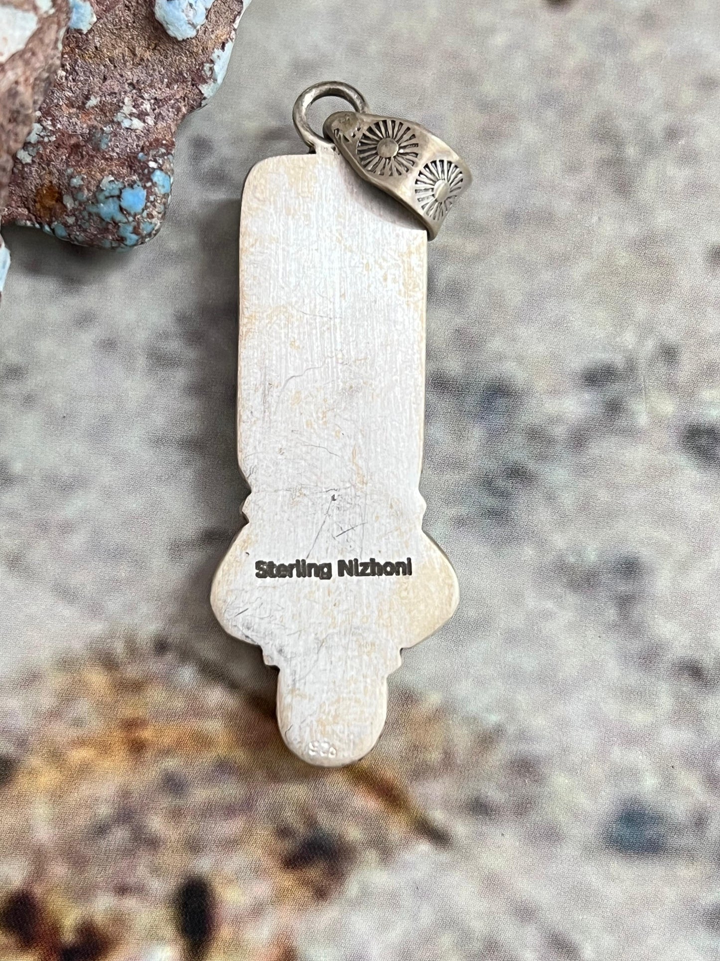Handmade Sterling Silver Kingman Turquoise & Wild Horse Pendant with Signed Nizhoni