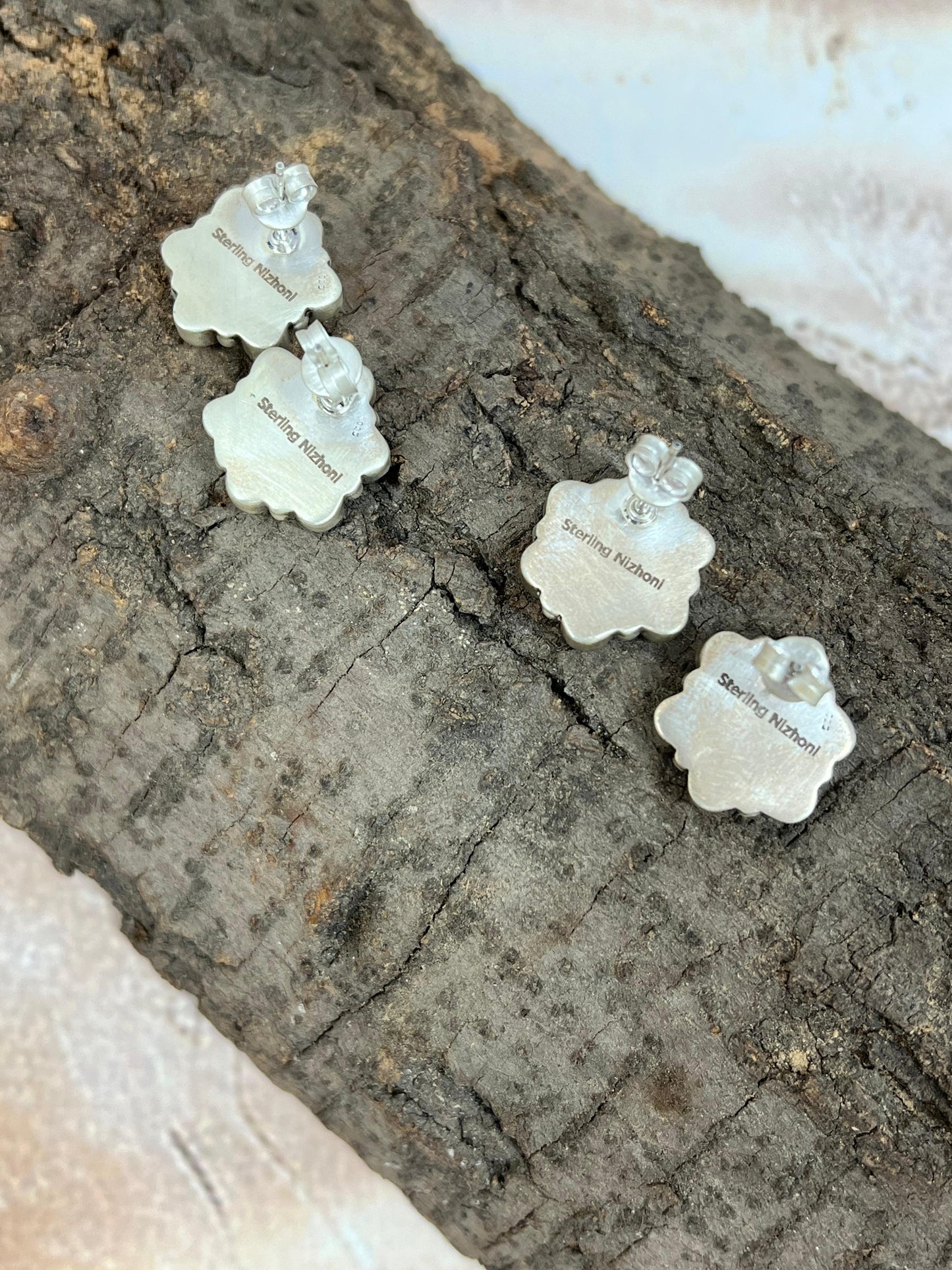 Handmade Sterling Silver White Buffalo, Cotton Candy Turquoise Studs with Signed Nizhoni