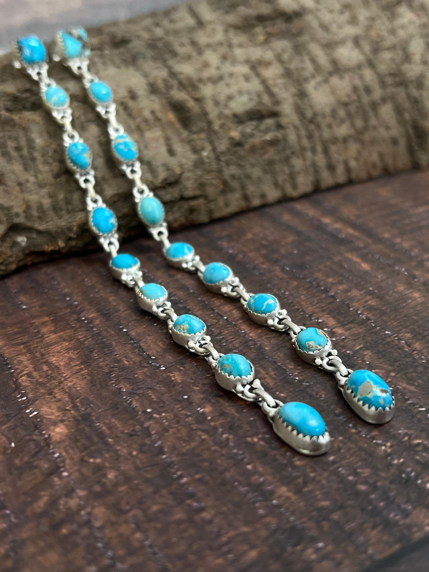 Handmade Sterling Silver Kingman Turquoise Dangle Earrings with Signed Nizhoni