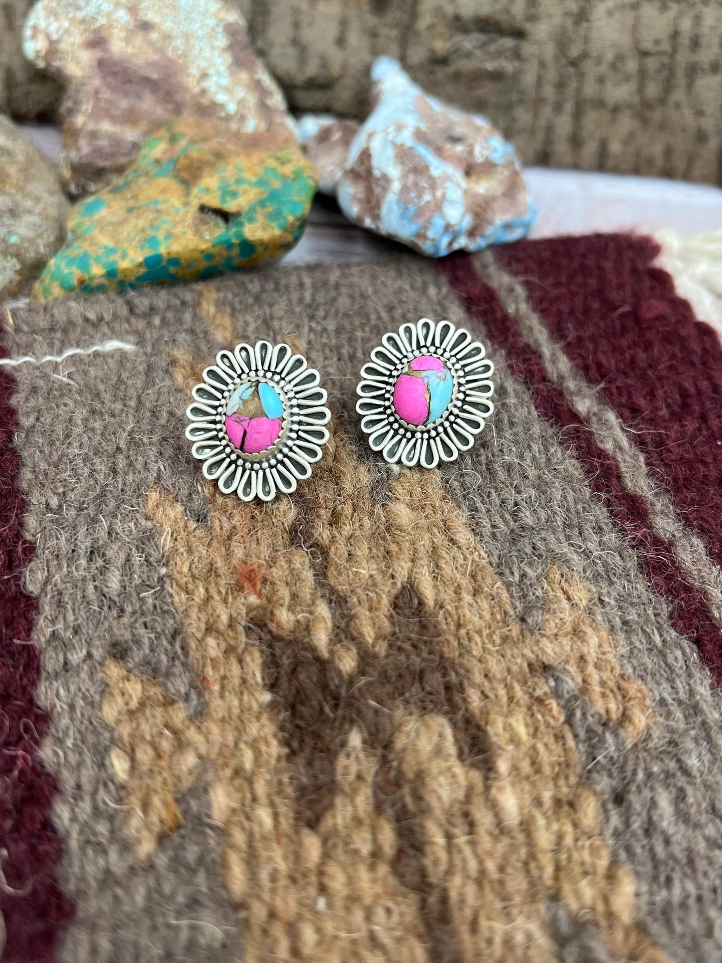 Handmade Sterling Silver Cotton Candy Turquoise Flower Studs with Signed Nizhoni