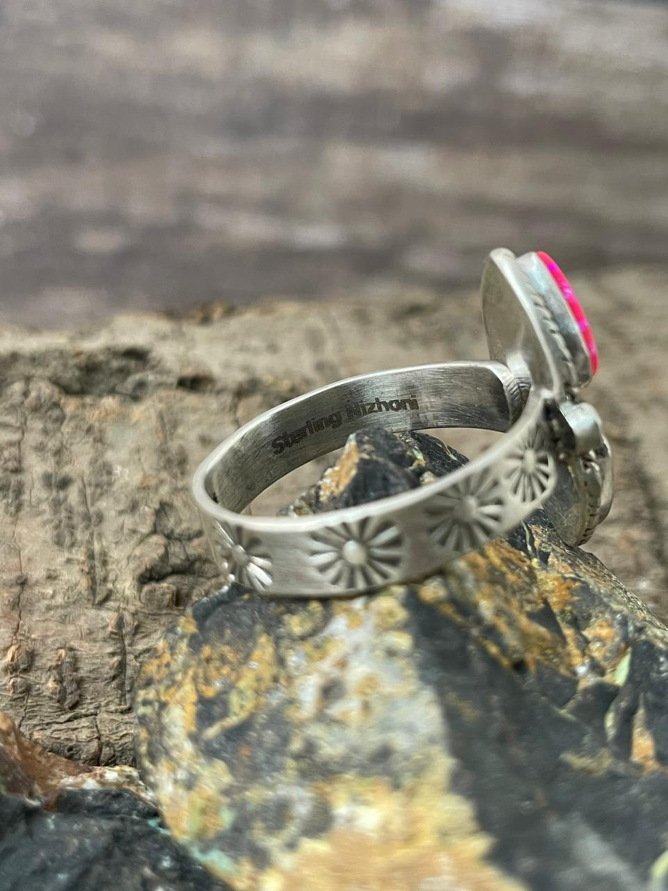 "Heart Collection" Handmade Sterling Silver Hot Pink Adjustable Ring "Signed Nizhoni"