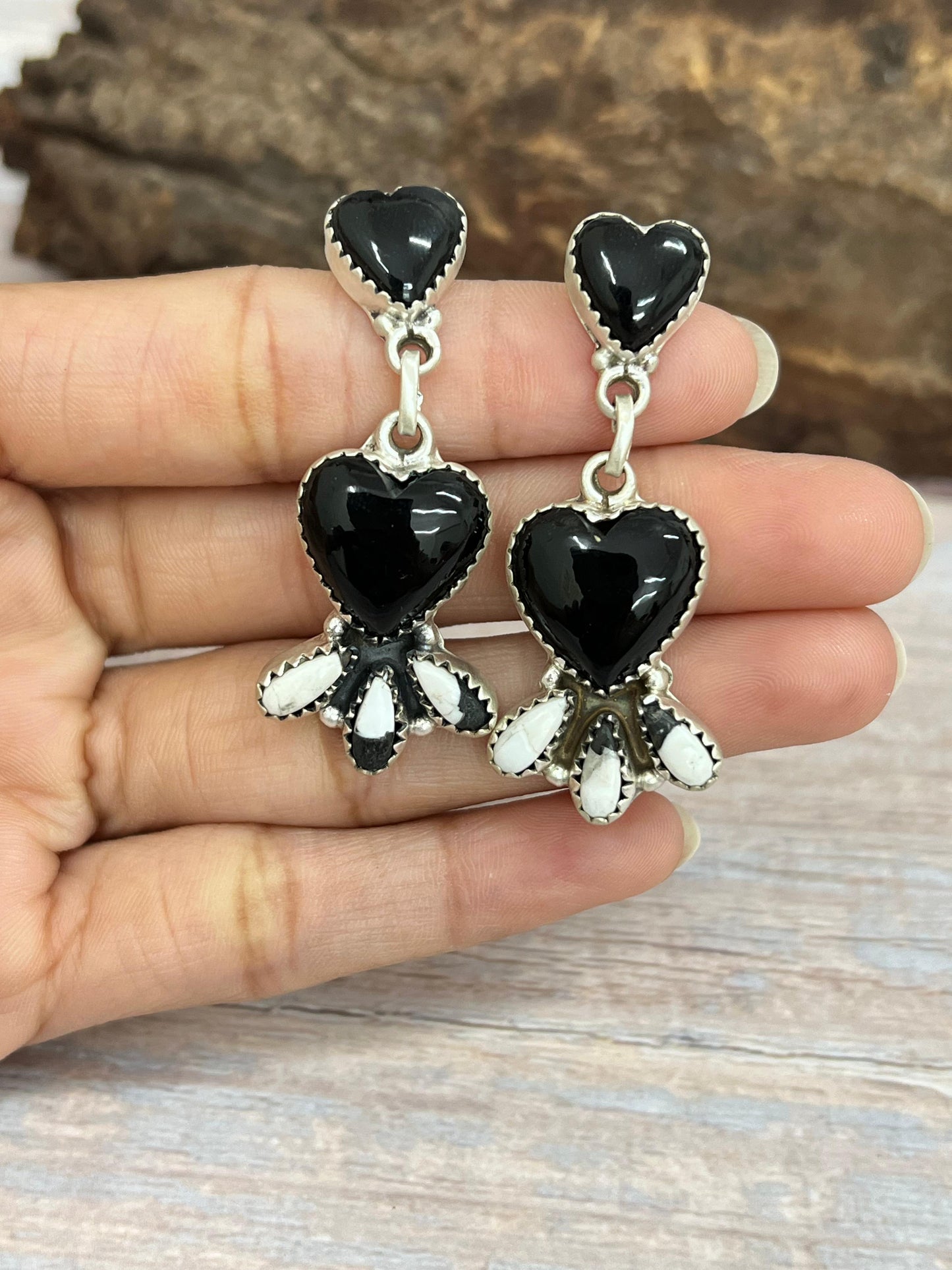 Handmade Sterling Silver and Black Onyx with White Buffalo Turquoise Dangle Earrings, Signed Nizhoni