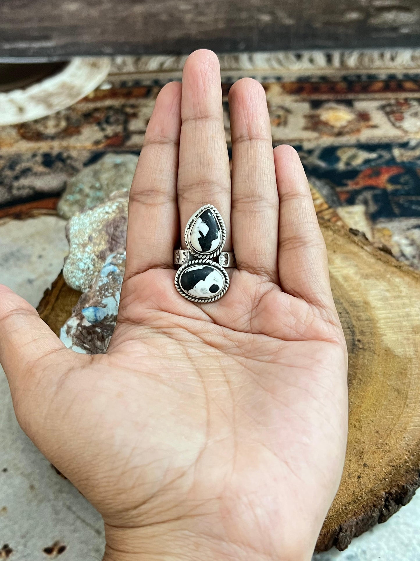 Handmade Sterling Silver White Buffalo Adjustable Ring, Signed Nizhoni