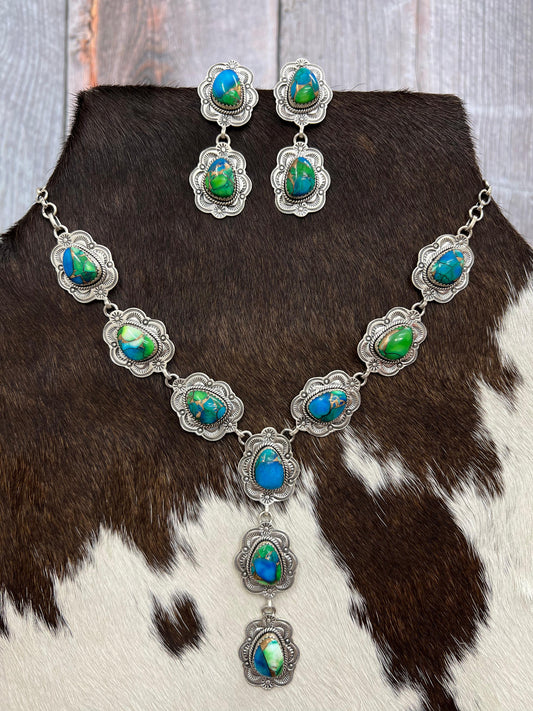 Handmade Sterling Silver Peacock Dahlia Necklace Earrings Set with Signed Nizhoni