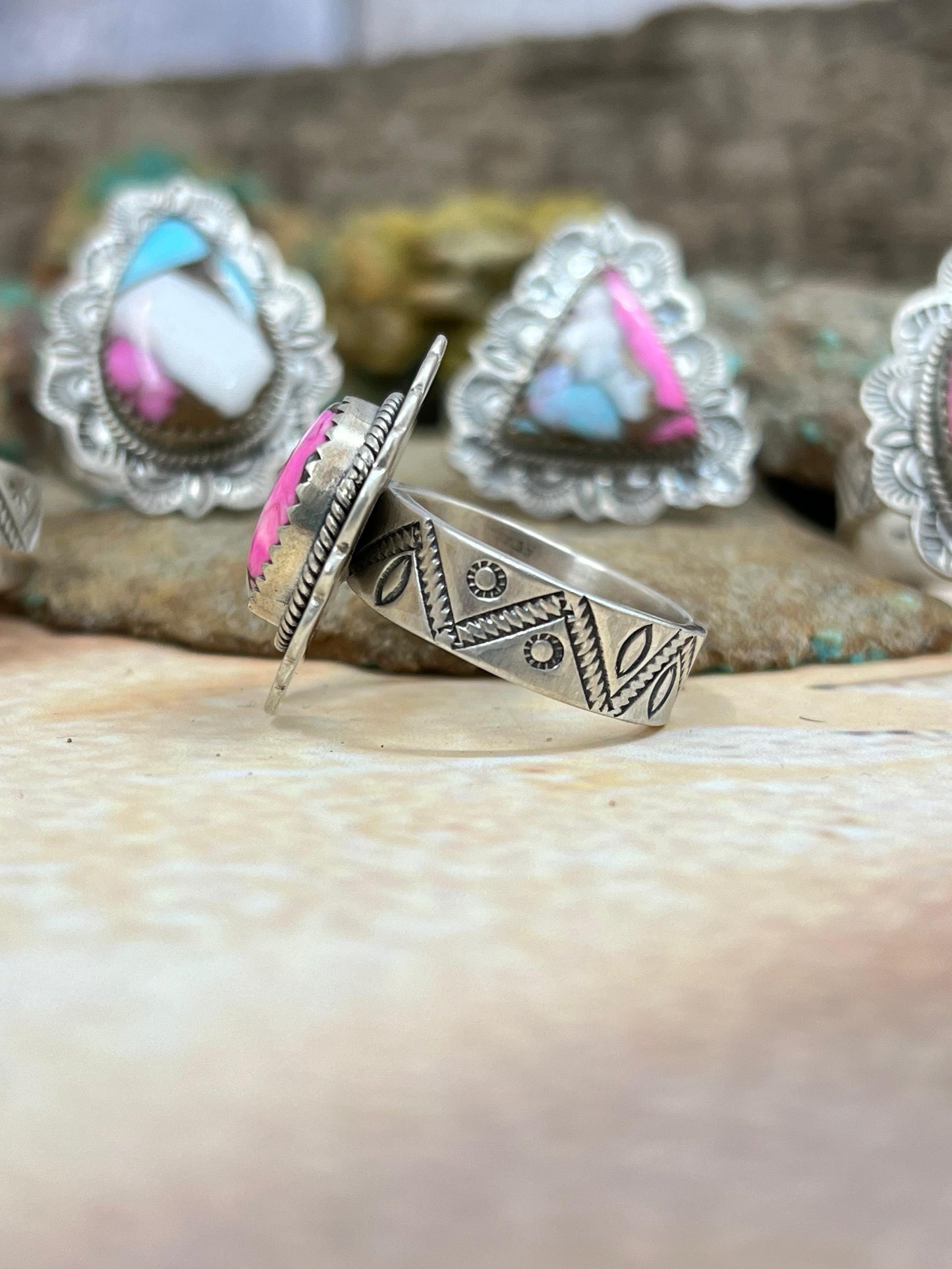 Handmade Sterling Silver Cotton Candy Turquoise Adjustable Ring with Signed Nizhoni