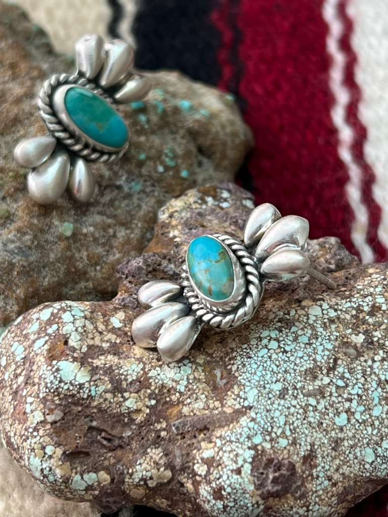 Handmade Sterling Silver Kingman Turquoise Post Studs "Signed Nizhoni"