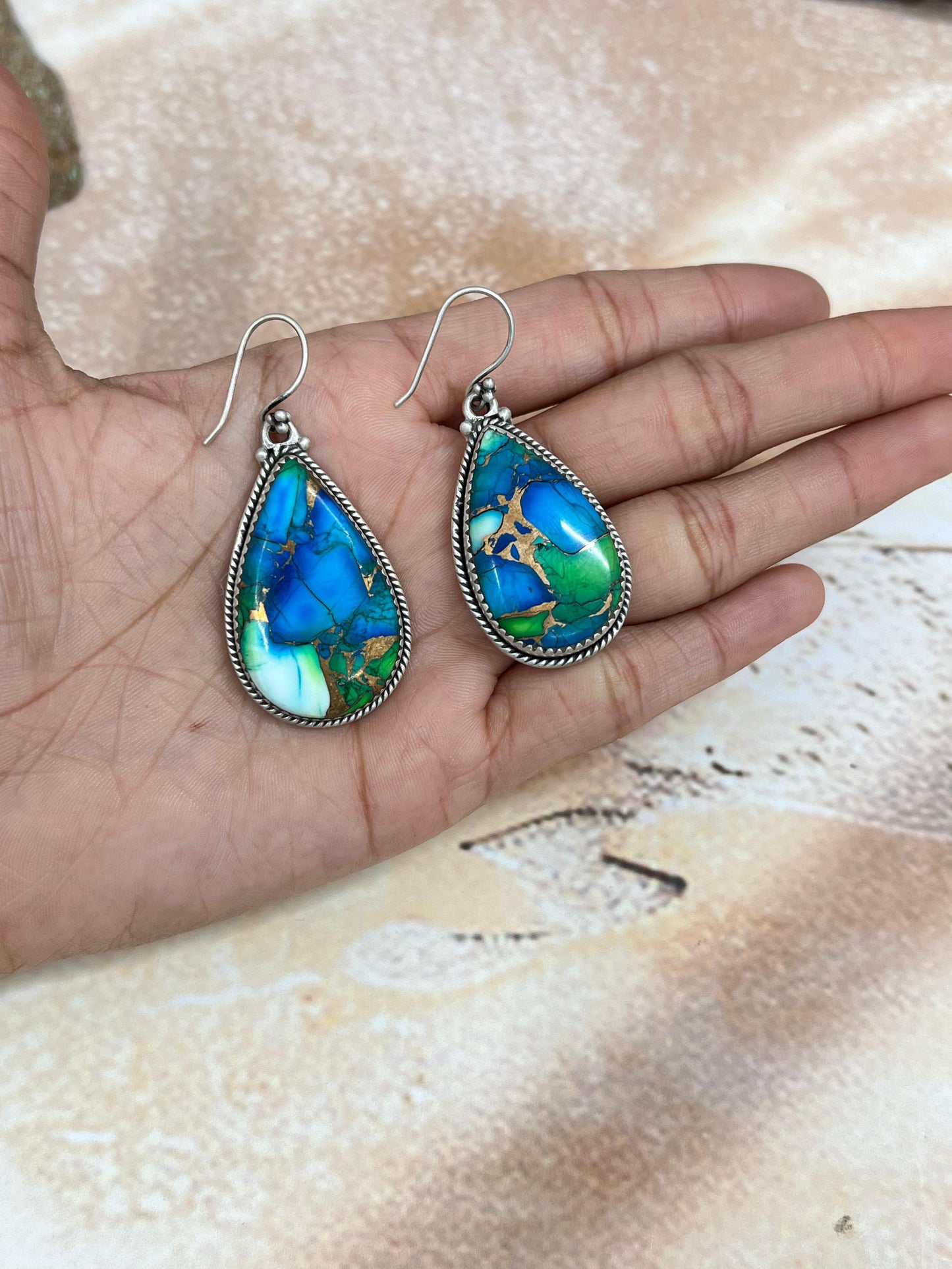 Handmade Sterling Silver Peacock Dahlia Hook Earrings with Signed Nizhoni
