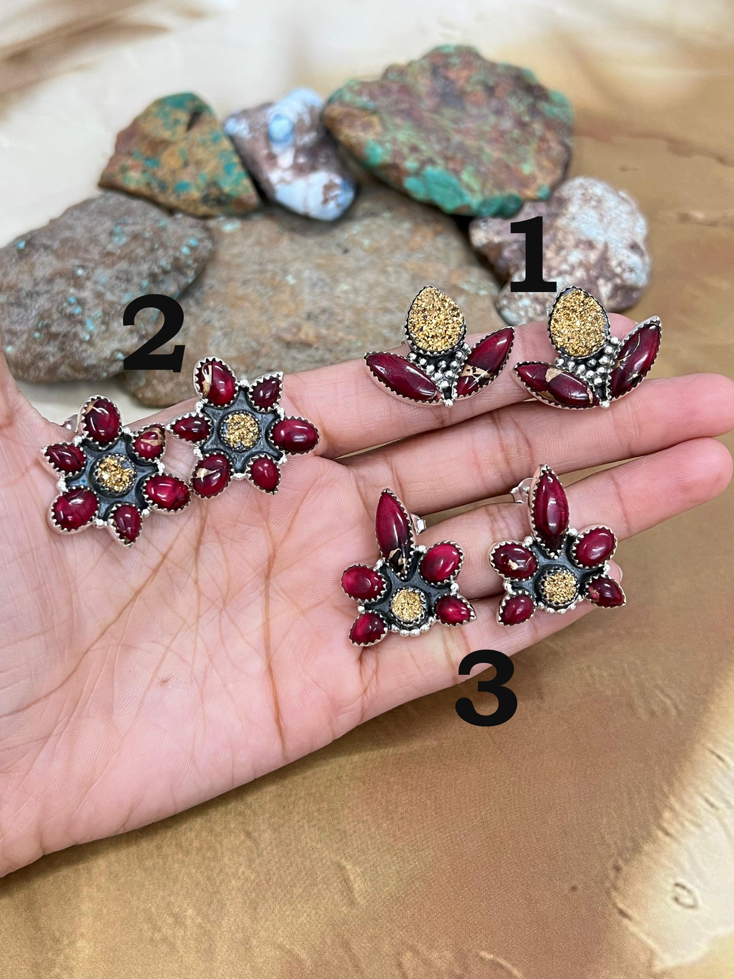Handmade Sterling Silver Dahlia Rose with Druzy Studs, Signed Nizhoni