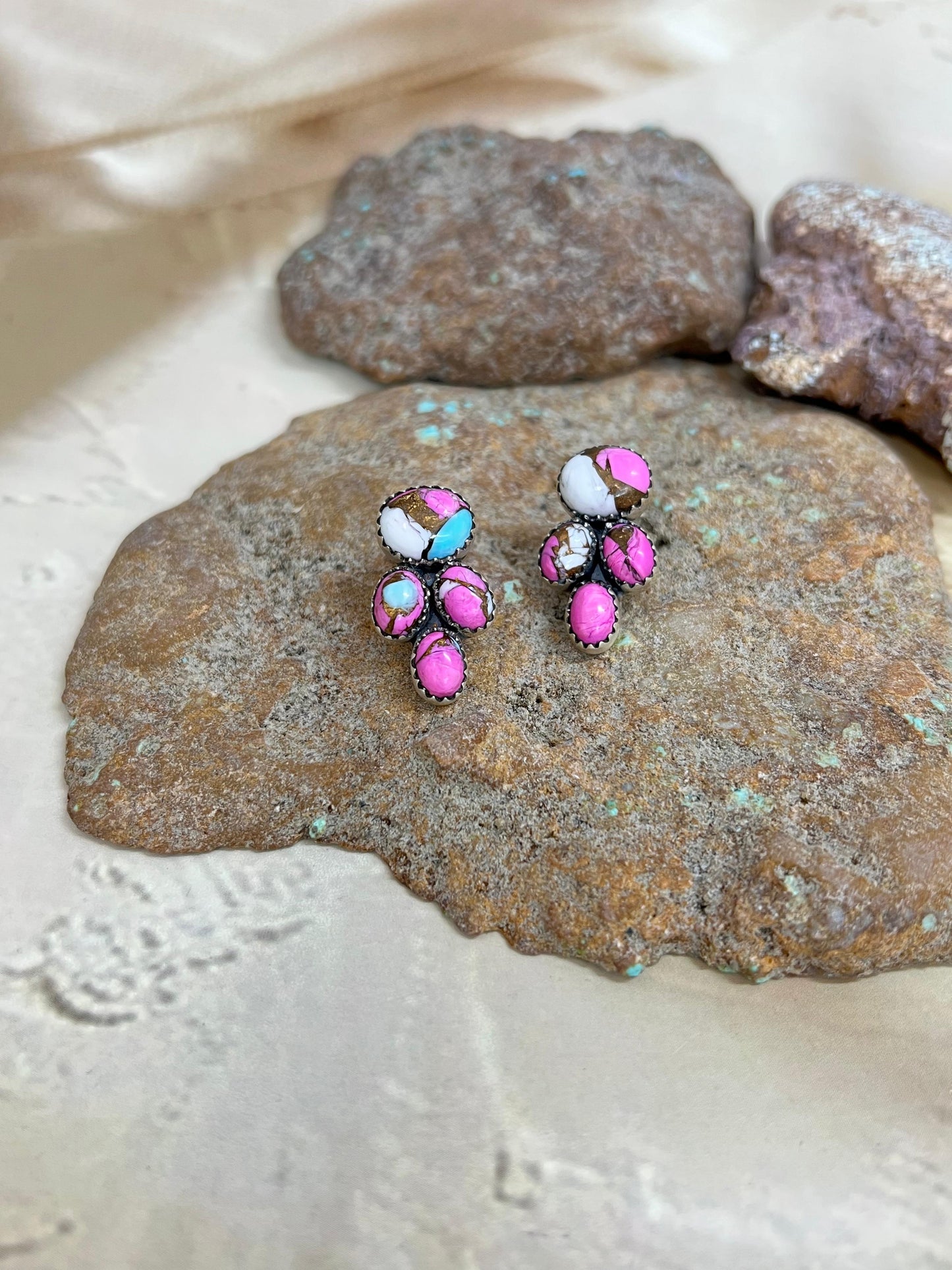 Handmade Sterling Silver Cotton Candy Turquoise Post Studs with Signed Nizhoni