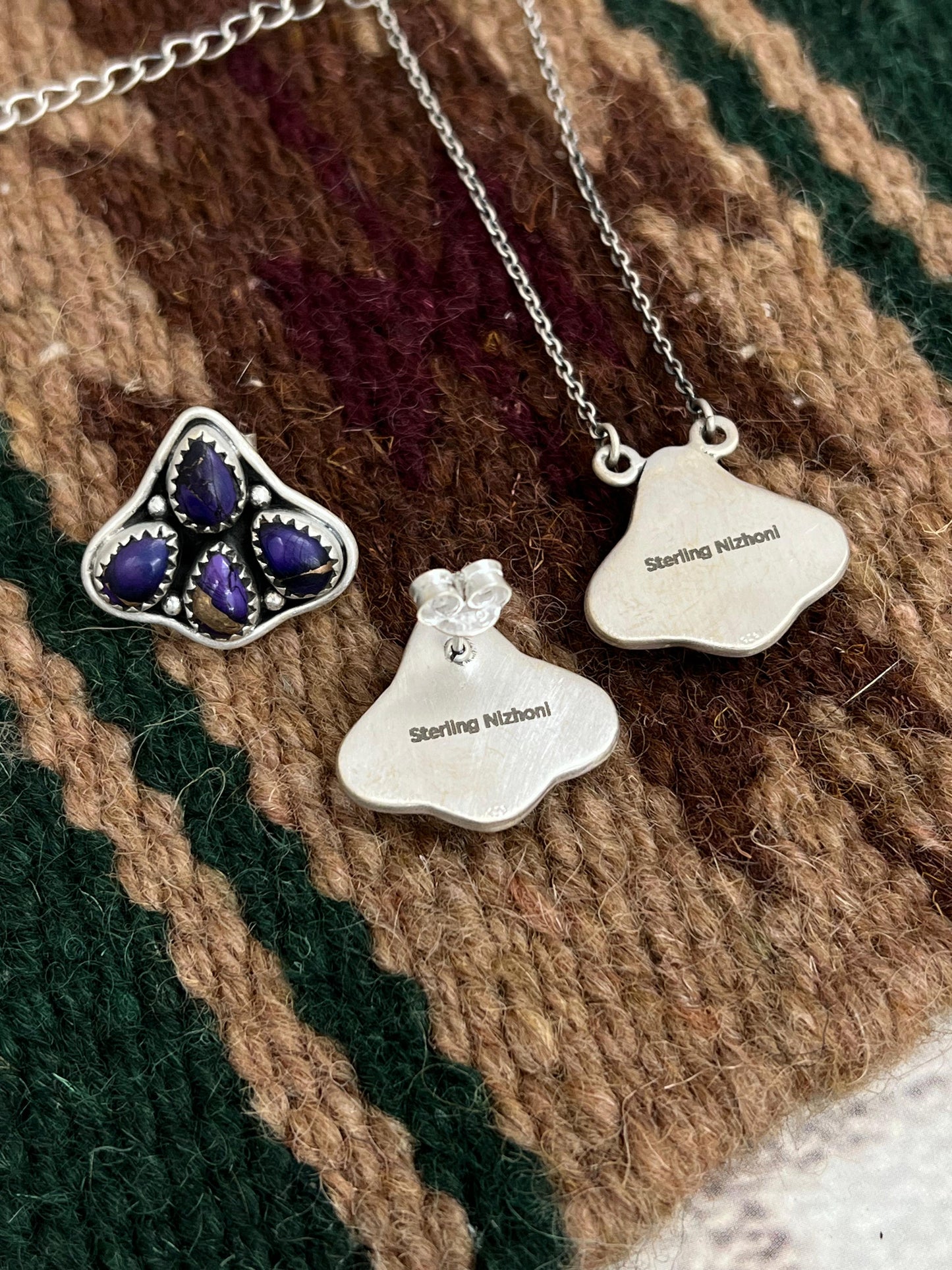Handmade Sterling Silver Grape Dahlia Necklace Earrings Set, Signed Nizhoni