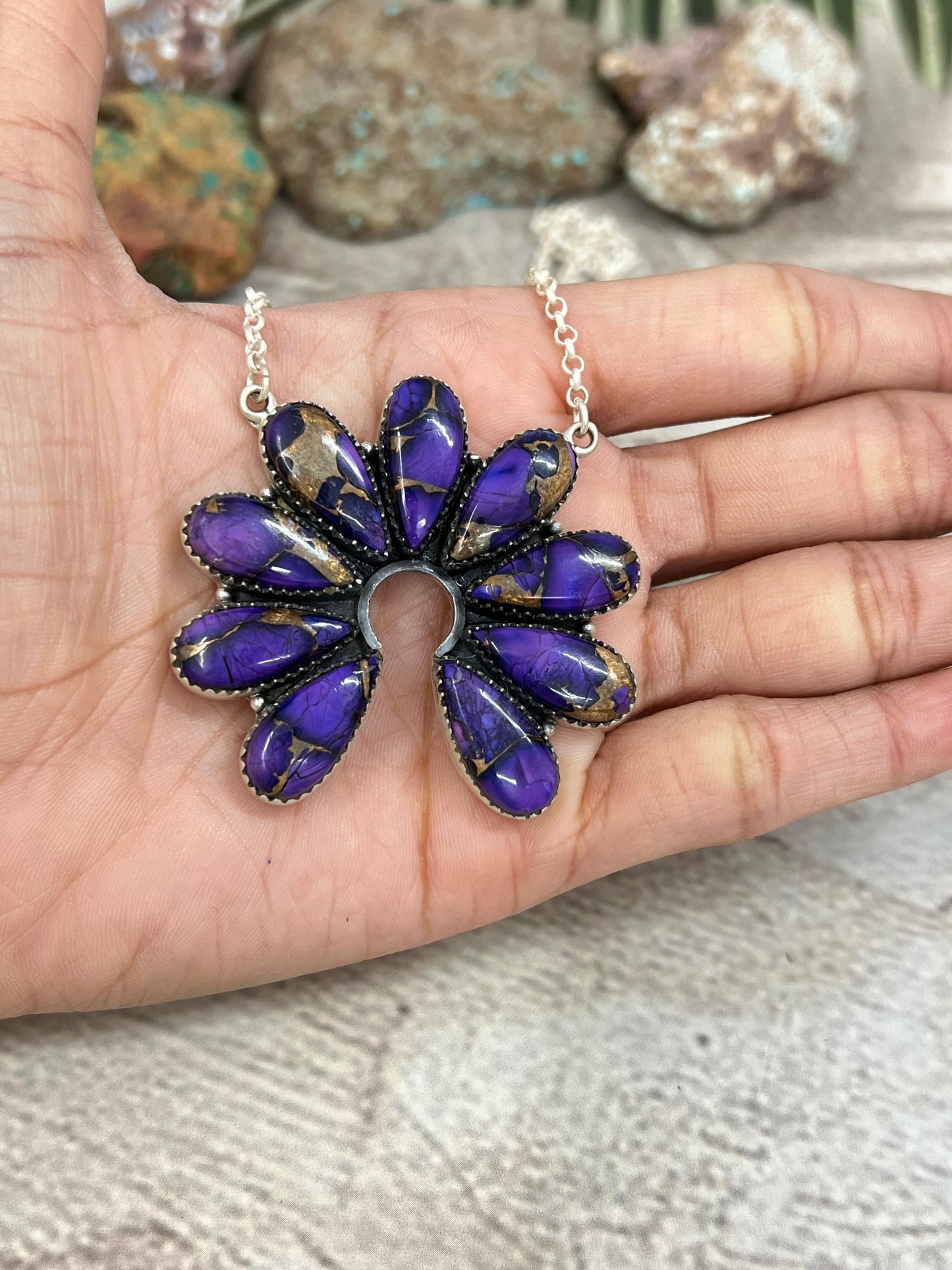 Handmade Sterling Silver Grape Dahlia Naja Necklace with Signed Nizhoni