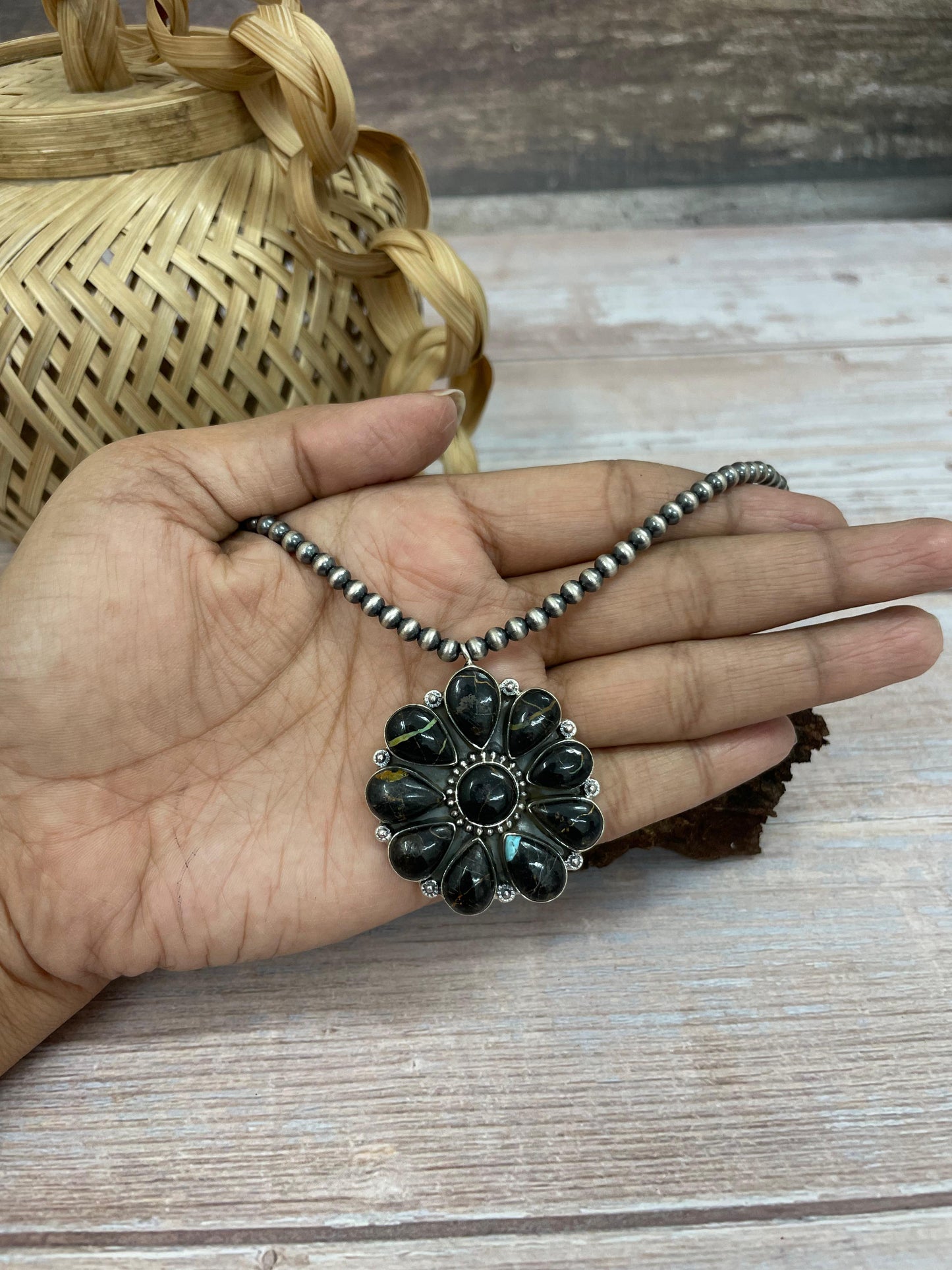 Handmade Sterling Silver Blackjack Turquoise Beaded Necklace with Signed Nizhoni