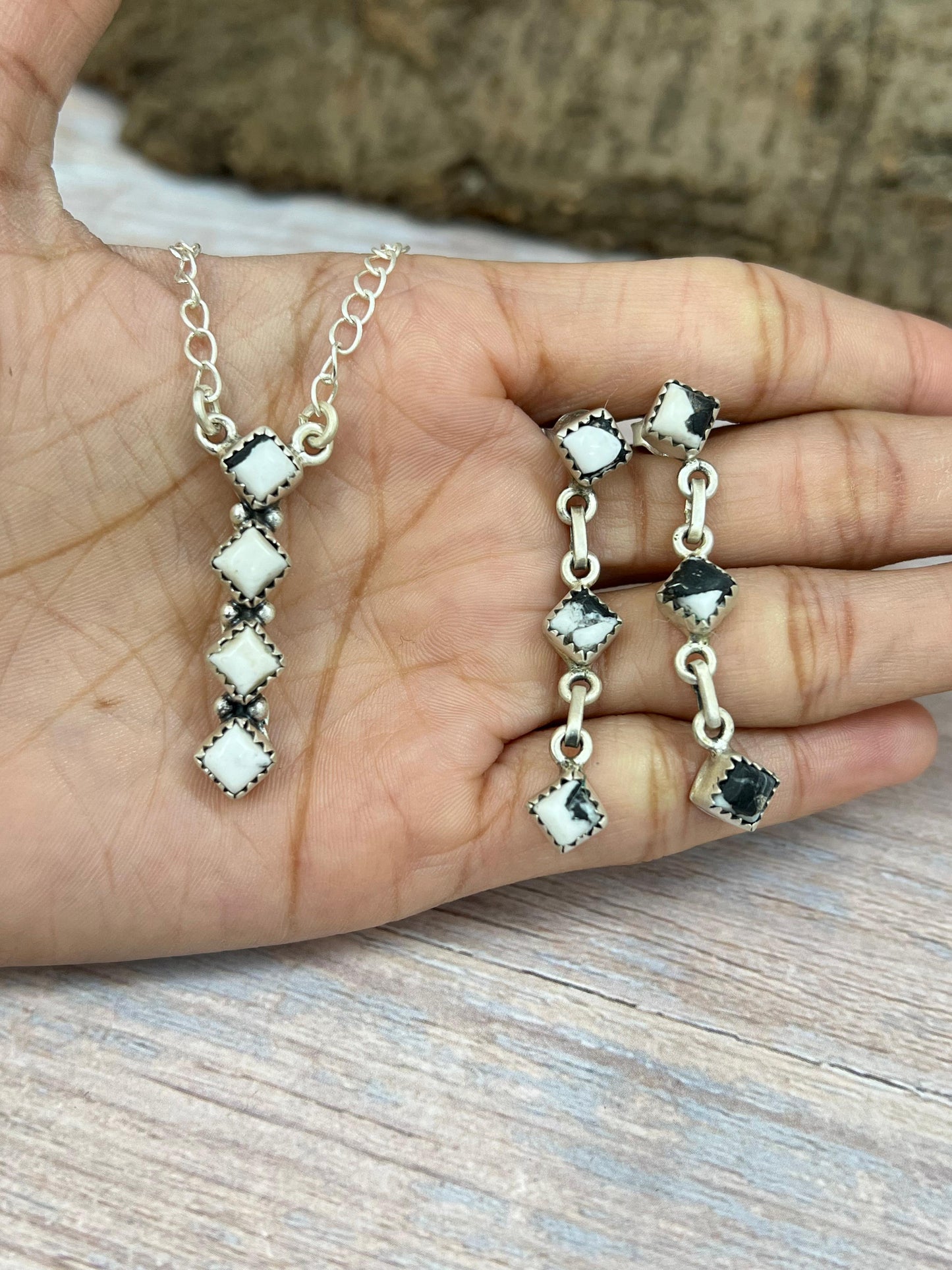 Handmade Sterling Silver White Buffalo Necklace & Earrings Set Signed Nizhoni