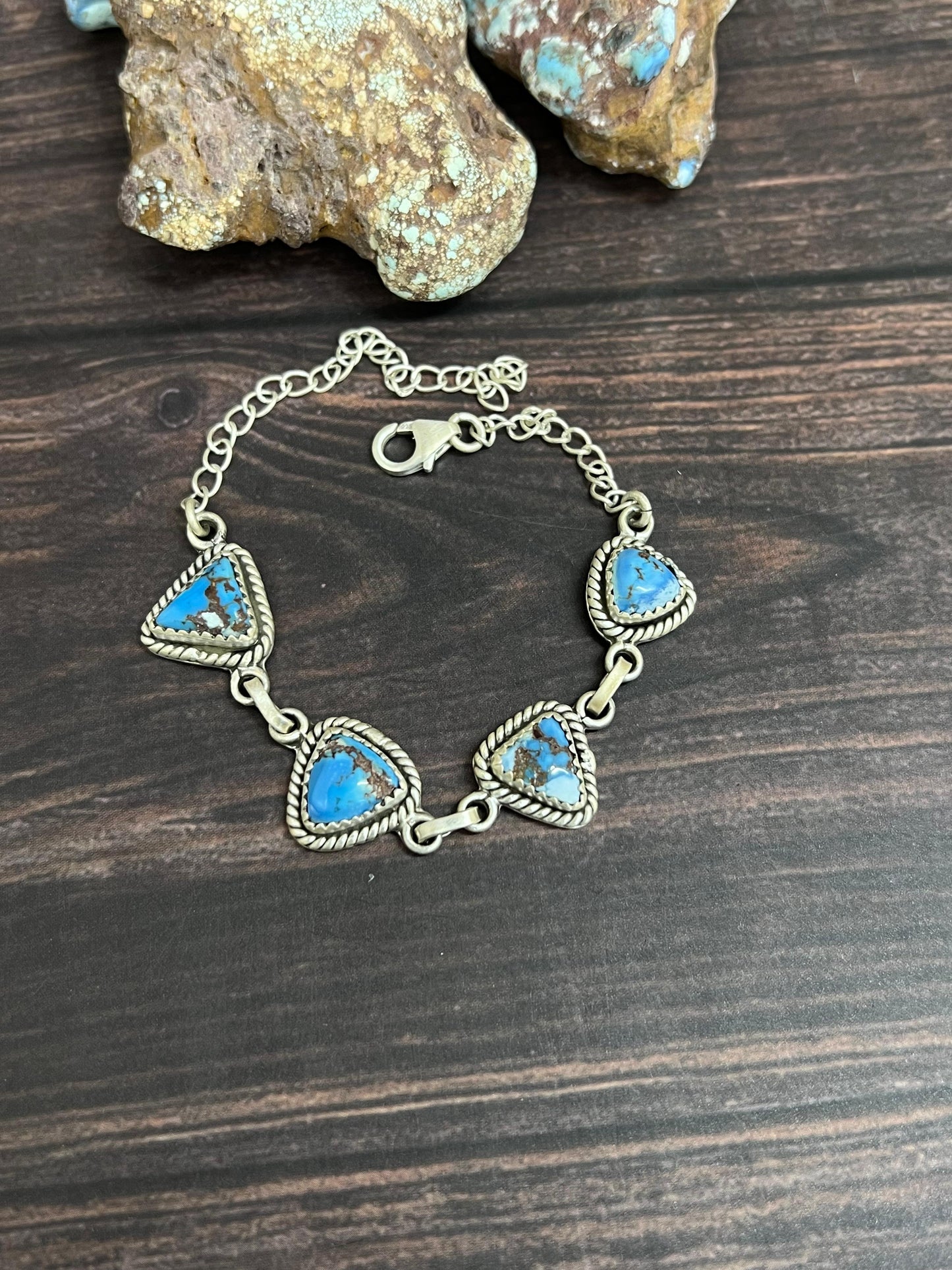 Handmade Sterling Silver Golden Hills Turquoise Chain Bracelet with Signed Nizhoni