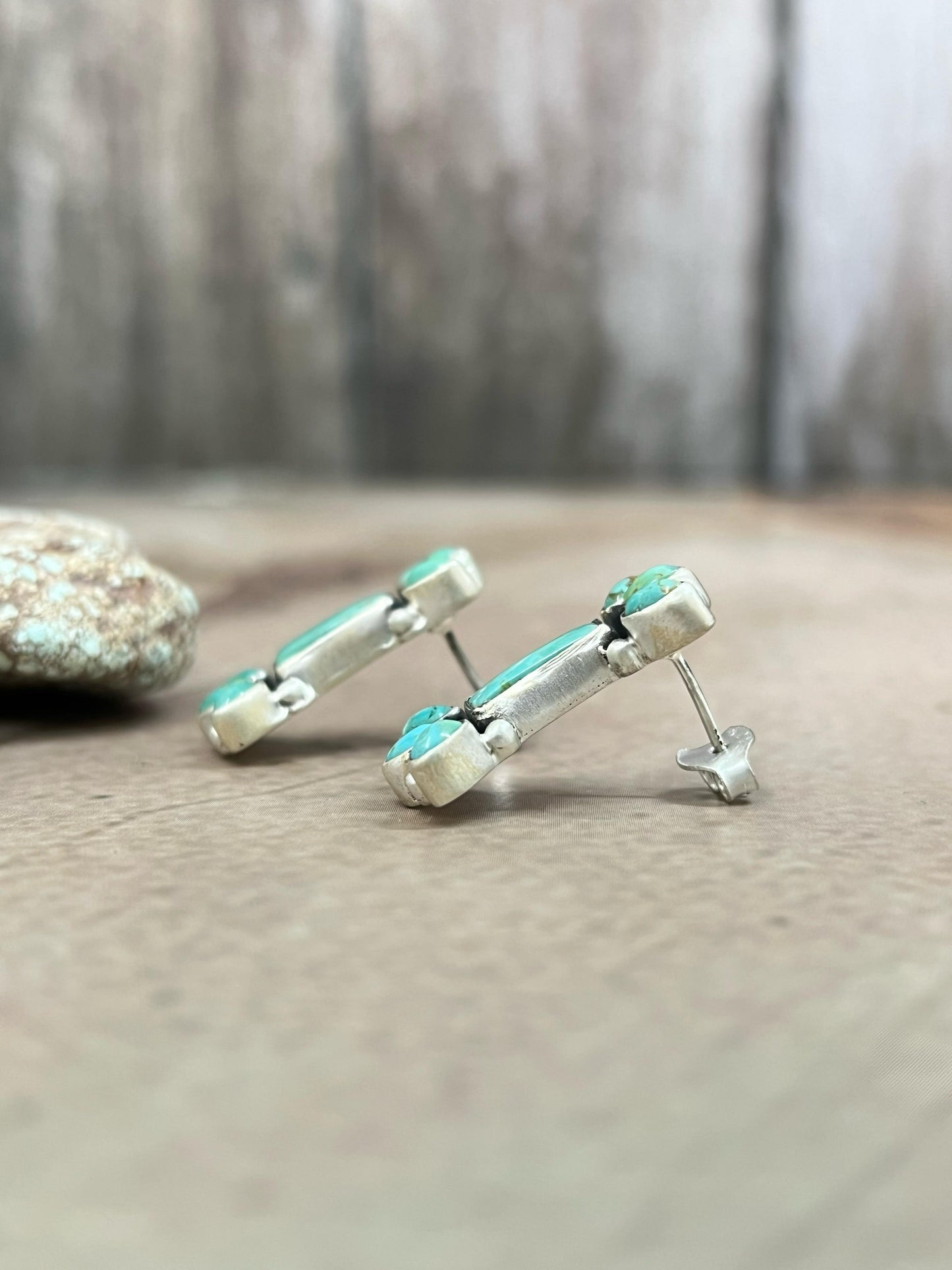 Handmade Sterling Silver Kingman Turquoise Post Earrings with Signed Nizhoni (7)
