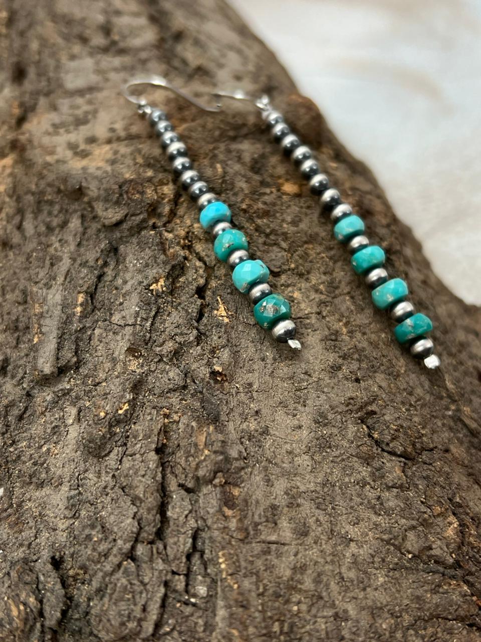 Handmade Sterling Silver Kingman Turquoise Beaded Hook Dangle Earrings