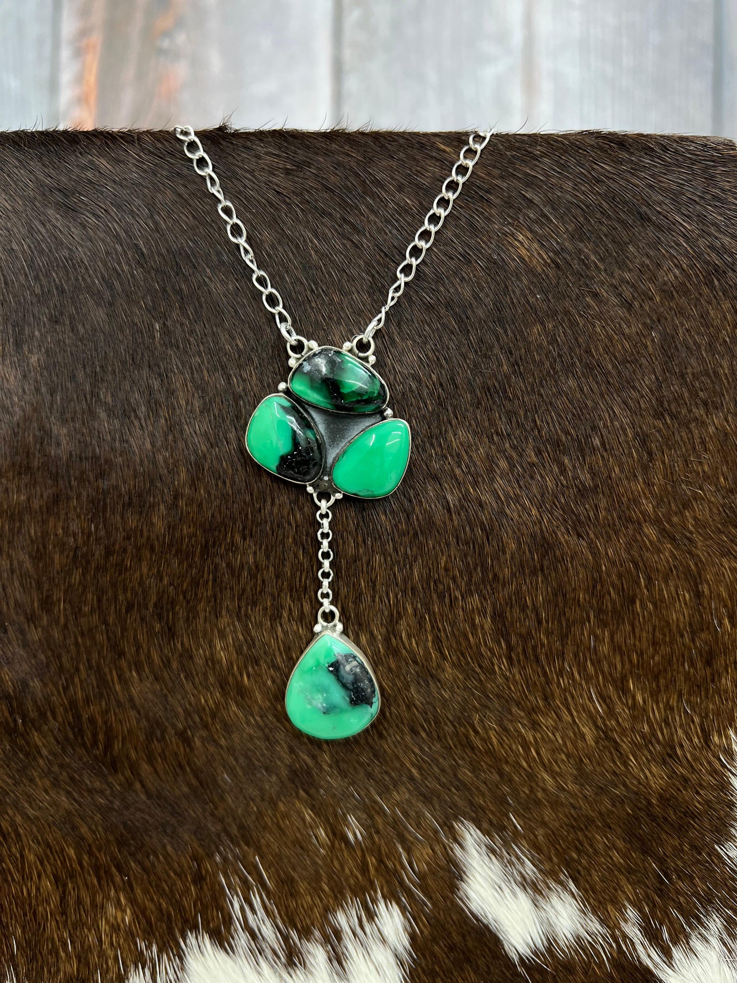 Handmade Sterling Silver Emerald Rose Necklace with Signed Nizhoni