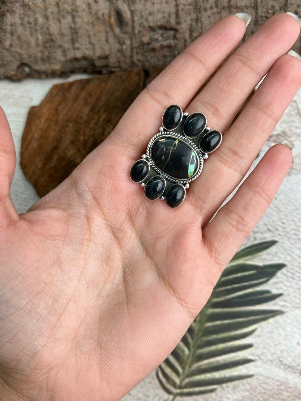 Handmade Sterling Silver Blackjack Turquoise Adjustable Ring "Signed Nizhoni"