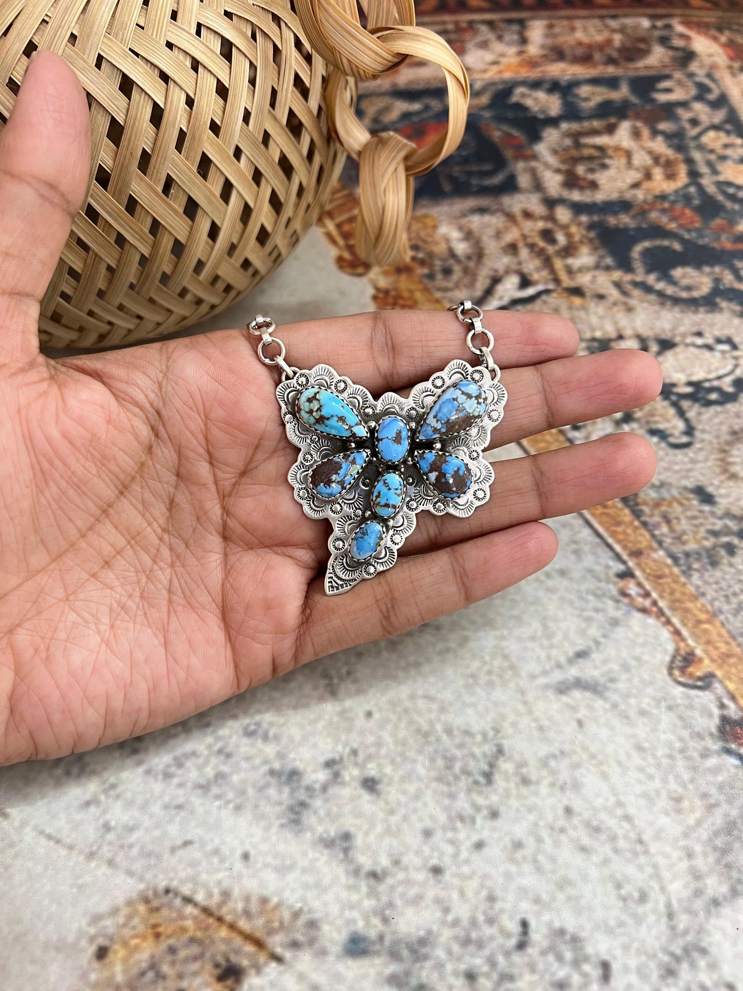 Handmade Sterling Silver Golden Hills Turquoise Dragonfly Necklace with Signed Nizhoni