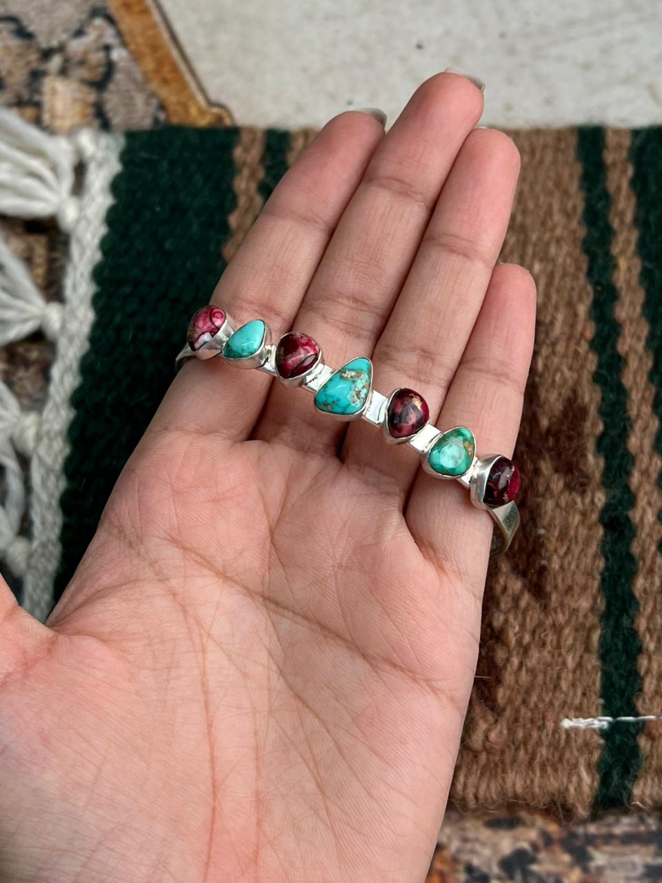 Handmade Sterling Silver Dahlia Rose with Emerald Valley Turquoise Cuff Bracelet "Signed Nizhoni"