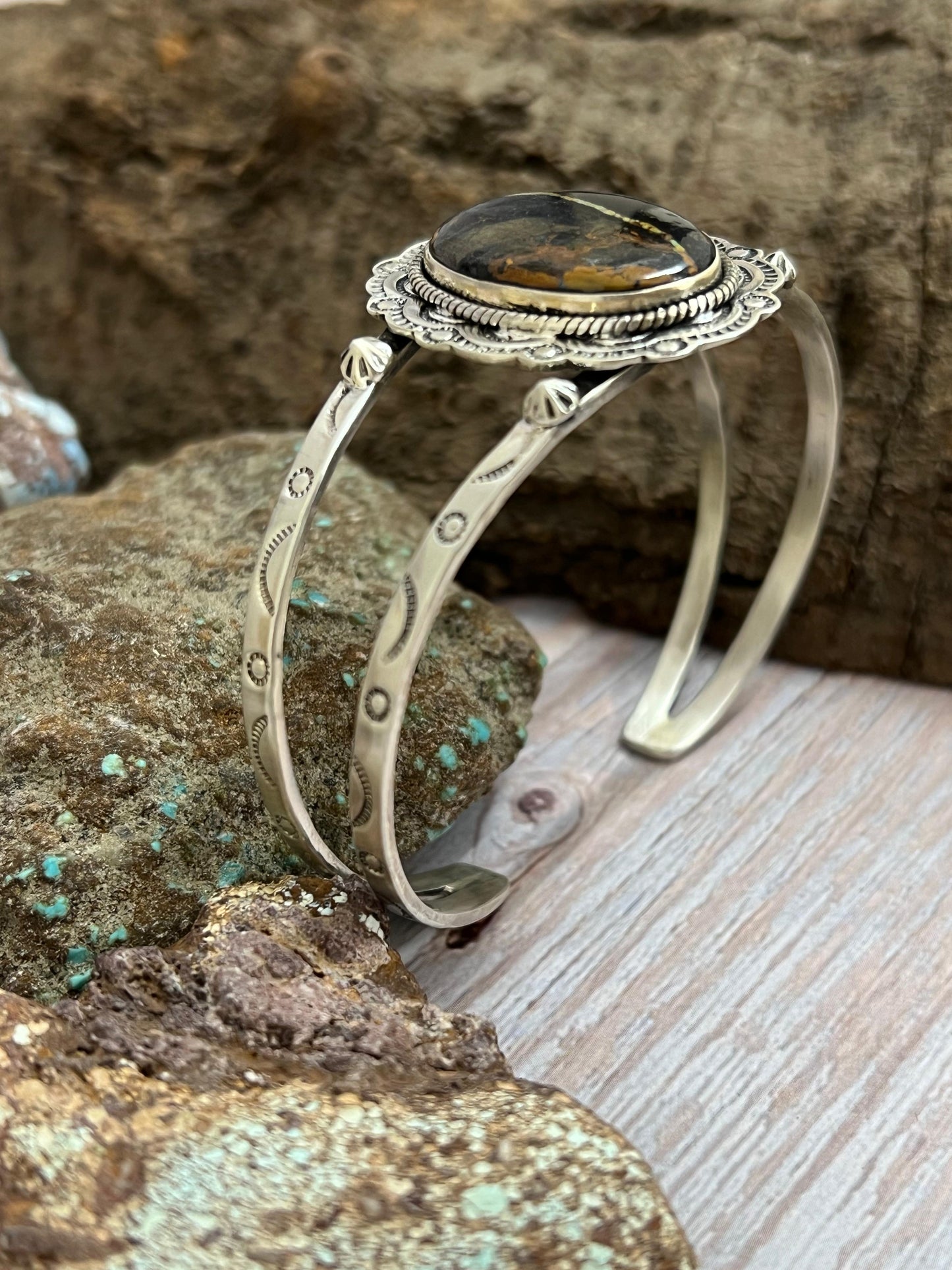 Handmade Sterling Silver Black Jack Cuff Bracelet with Signed Nizhoni