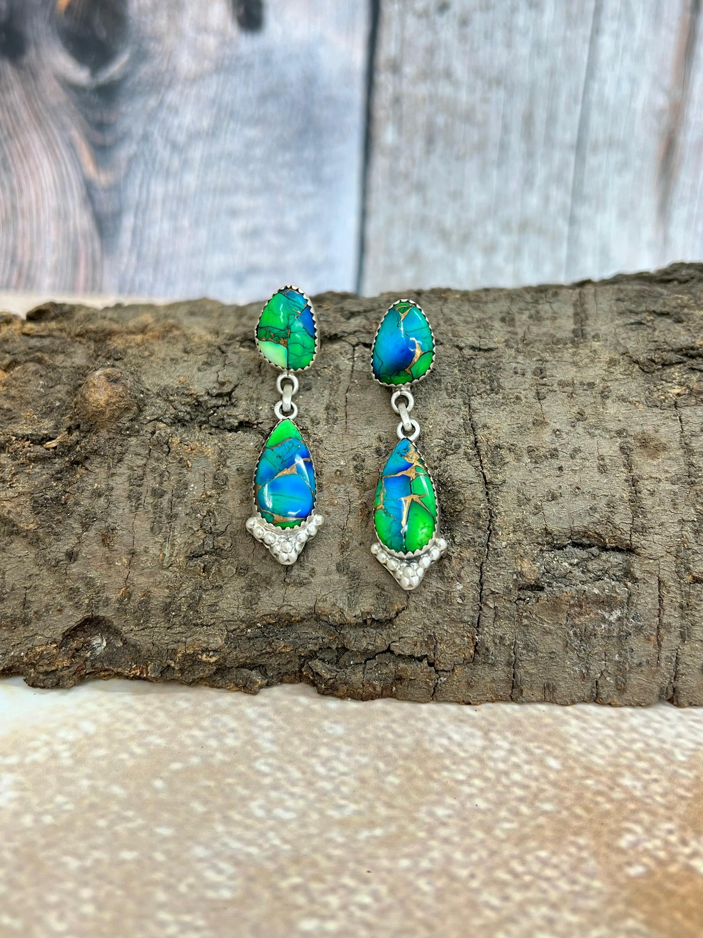 Handmade Sterling Silver Peacock Dahlia Post Earrings with Signed Nizhoni
